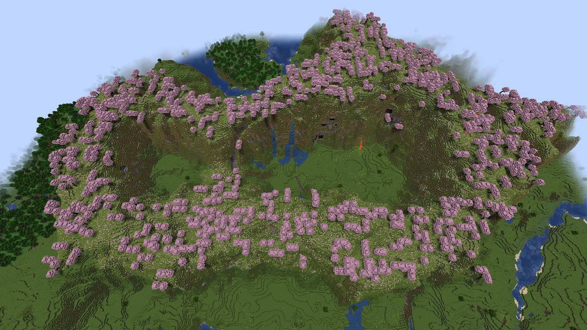 This Minecraft seed&#039;s cherry groves almost resemble the symbol for infinity (Image via Mojang)