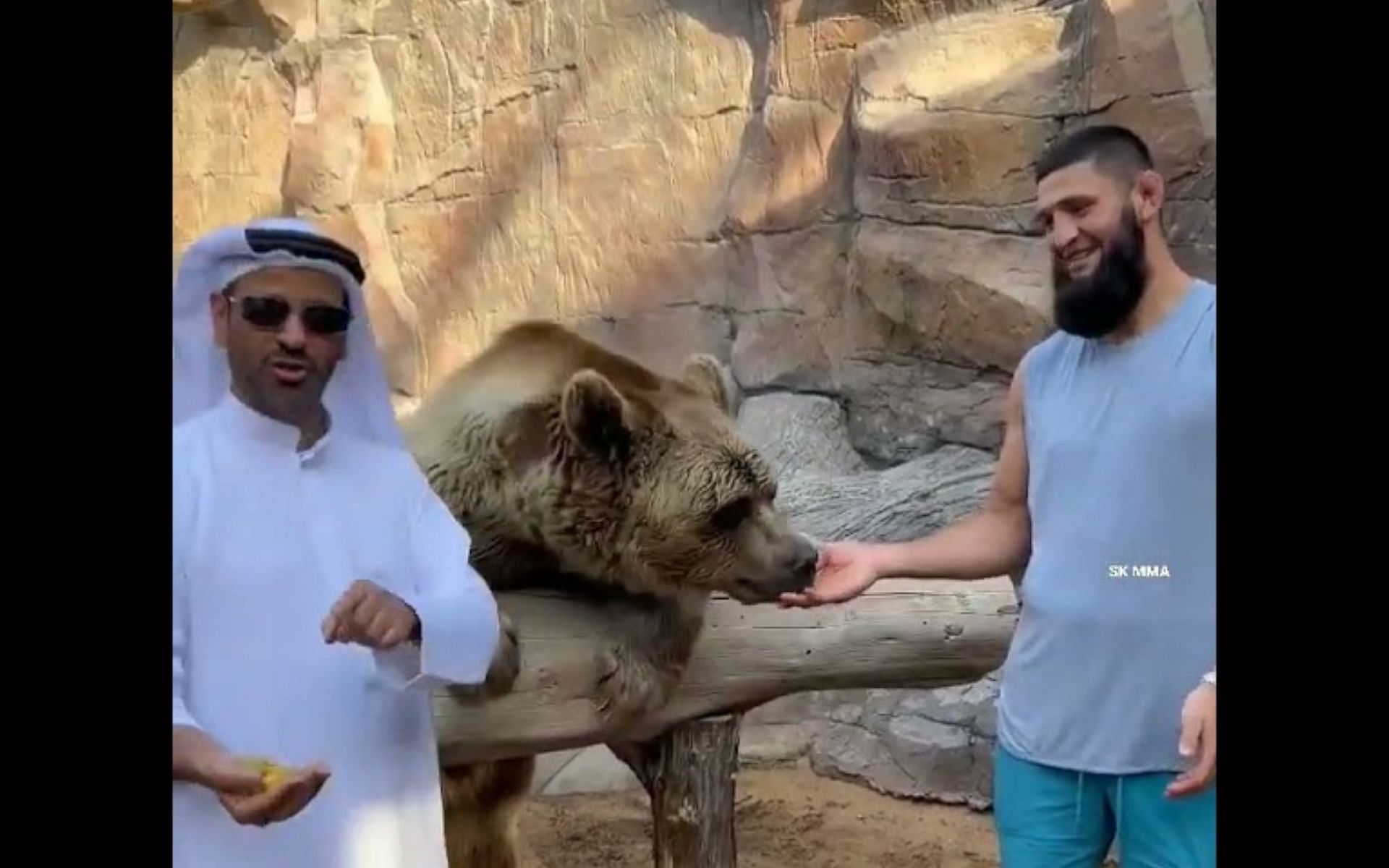 Khamzat Chimaev feeding a bear (Image courtesy - sk mma on YouTube)