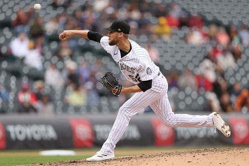 Daniel Bard of the Colorado Rockies throws against the Pittsburgh Pirates in the eighth inning at Coors Field