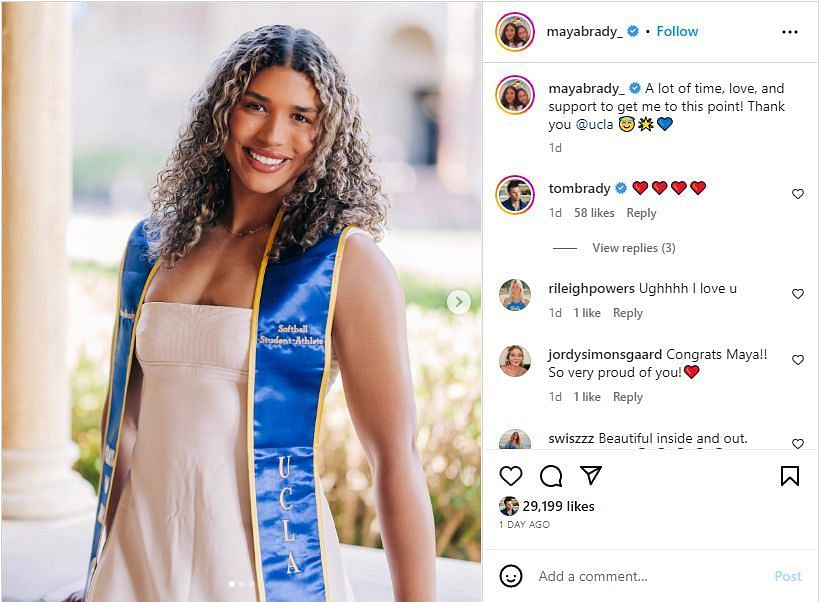 Tom Brady commented on her niece&#039;s graduation post. (Image credit: Instagram.com/mayabrady_)