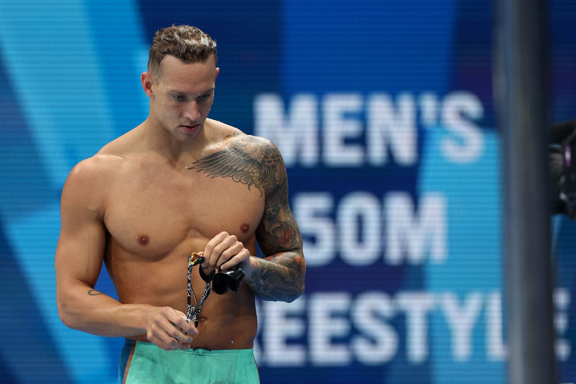 Caeleb Dressel of Team United States looks on after competing in the Men's 50m Freestyle heats on day seven of the Tokyo 2020 Olympic Games