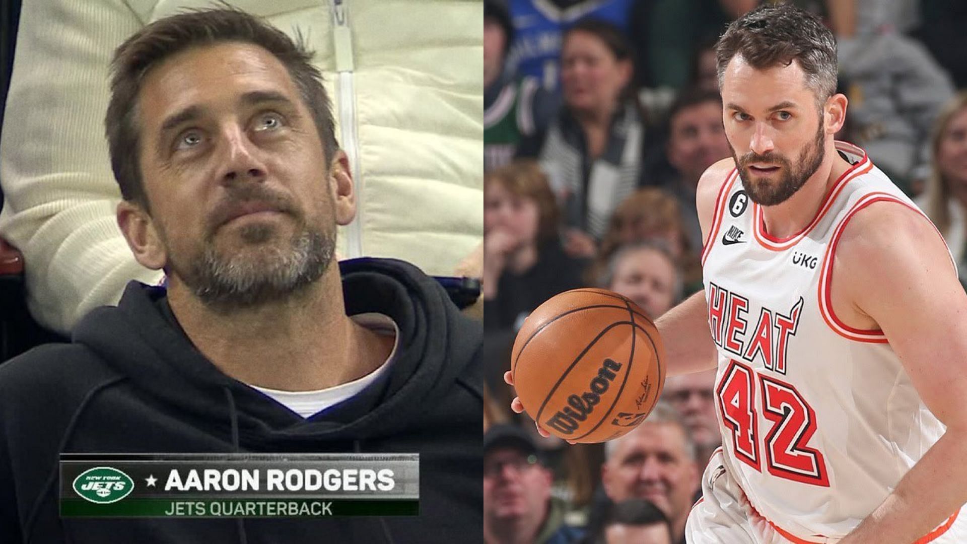 Kevin Love (r) had some words for Jets QB Aaron Rodgers (l) after the Heat defeated the Knicks