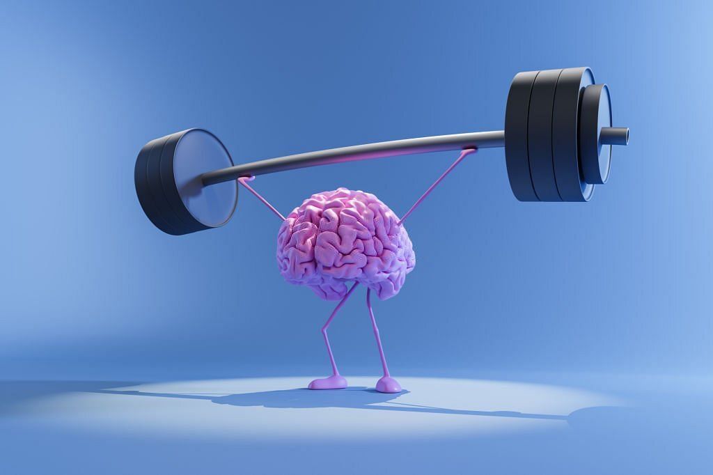 3D illustration of pink color human brain lifting heavy barbell. Training mind and mental health concept
