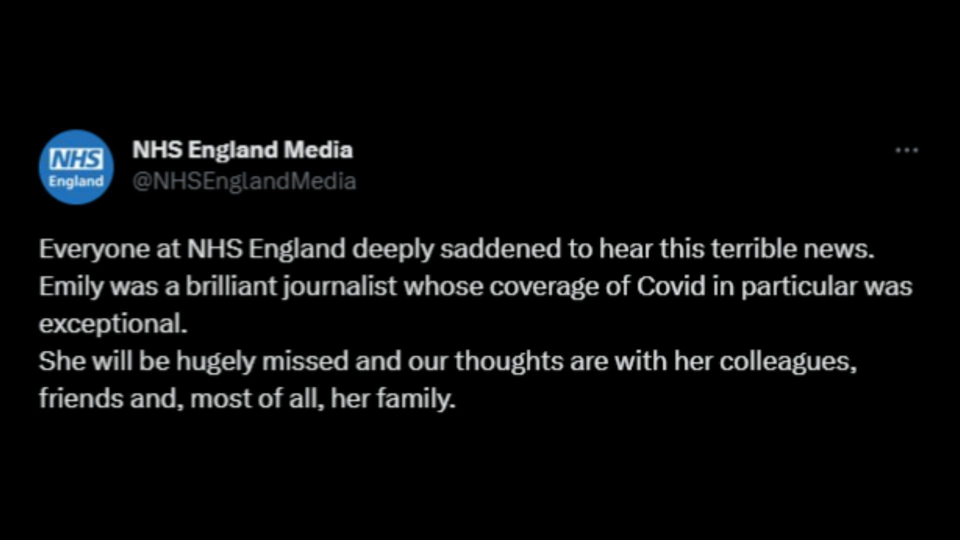 Screenshot of NHS England&#039;s tweet remembering Morgan. (Image via @NHSEnglandMedia/Twitter)