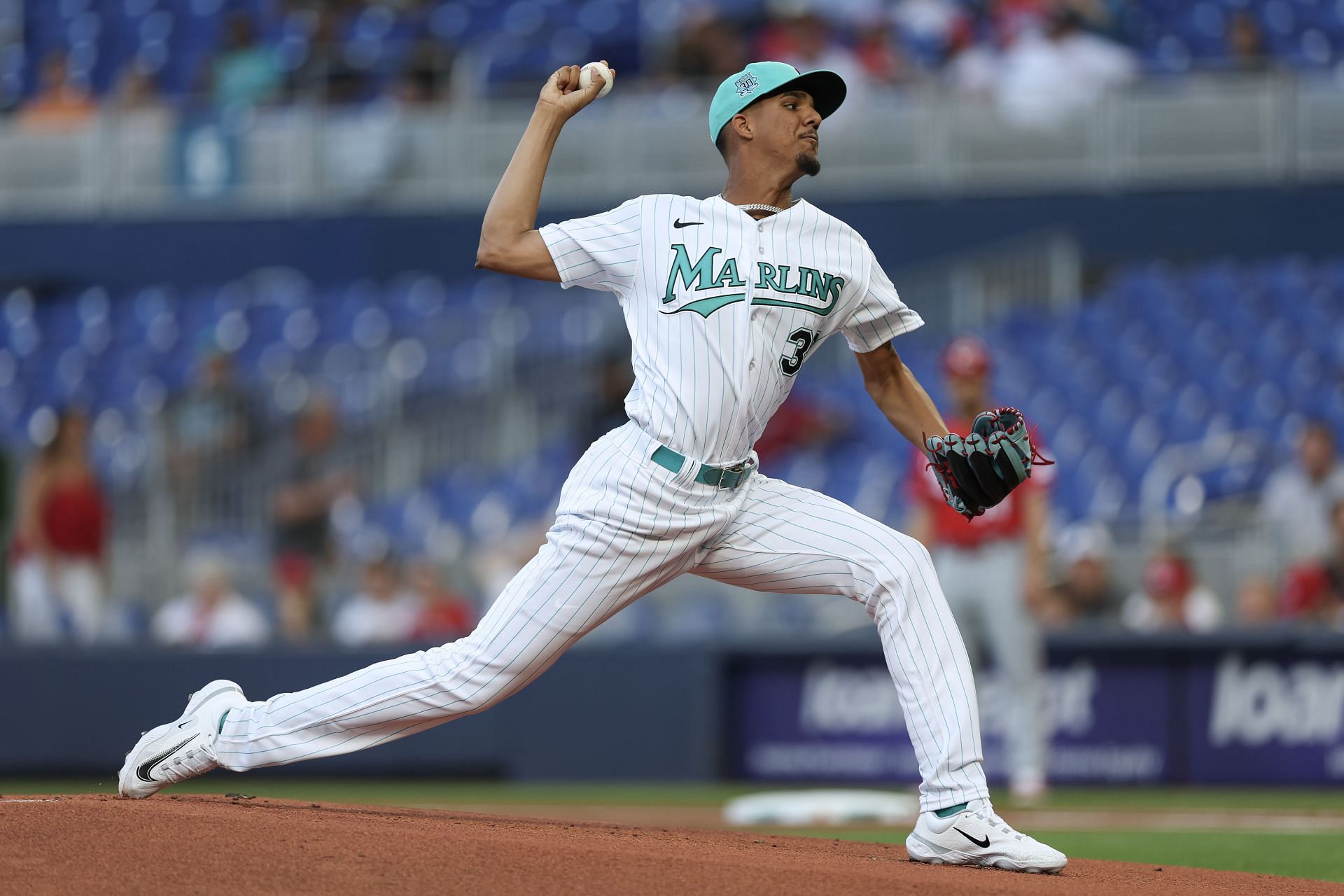 CORAL GABLES, FL - JUNE 02: Miami right-handed pitcher Sebastian Perez (52)  pitches in relief in the ninth inning as the Miami Hurricanes faced the  Maine Black Bears in the Coral Gables