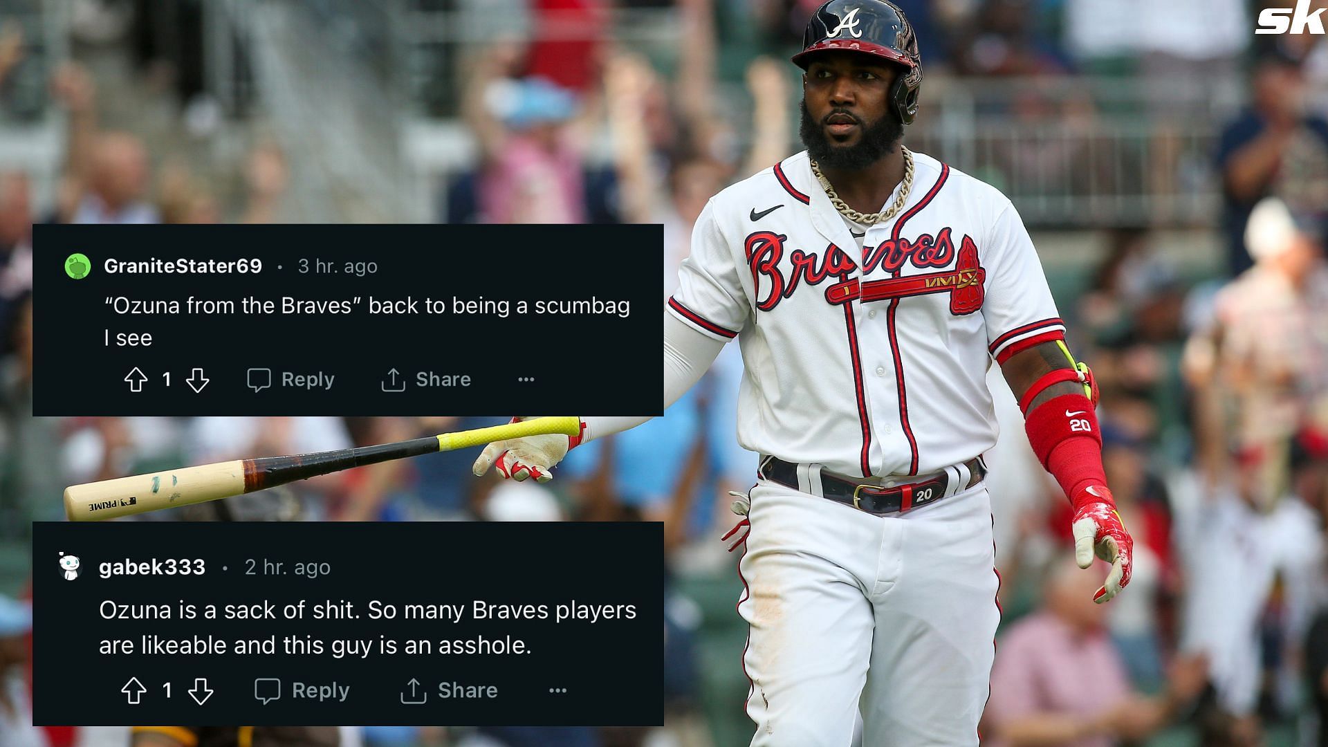 Marcell Ozuna of the Atlanta Braves hits a two-run home run in a game against the San Diego Padres