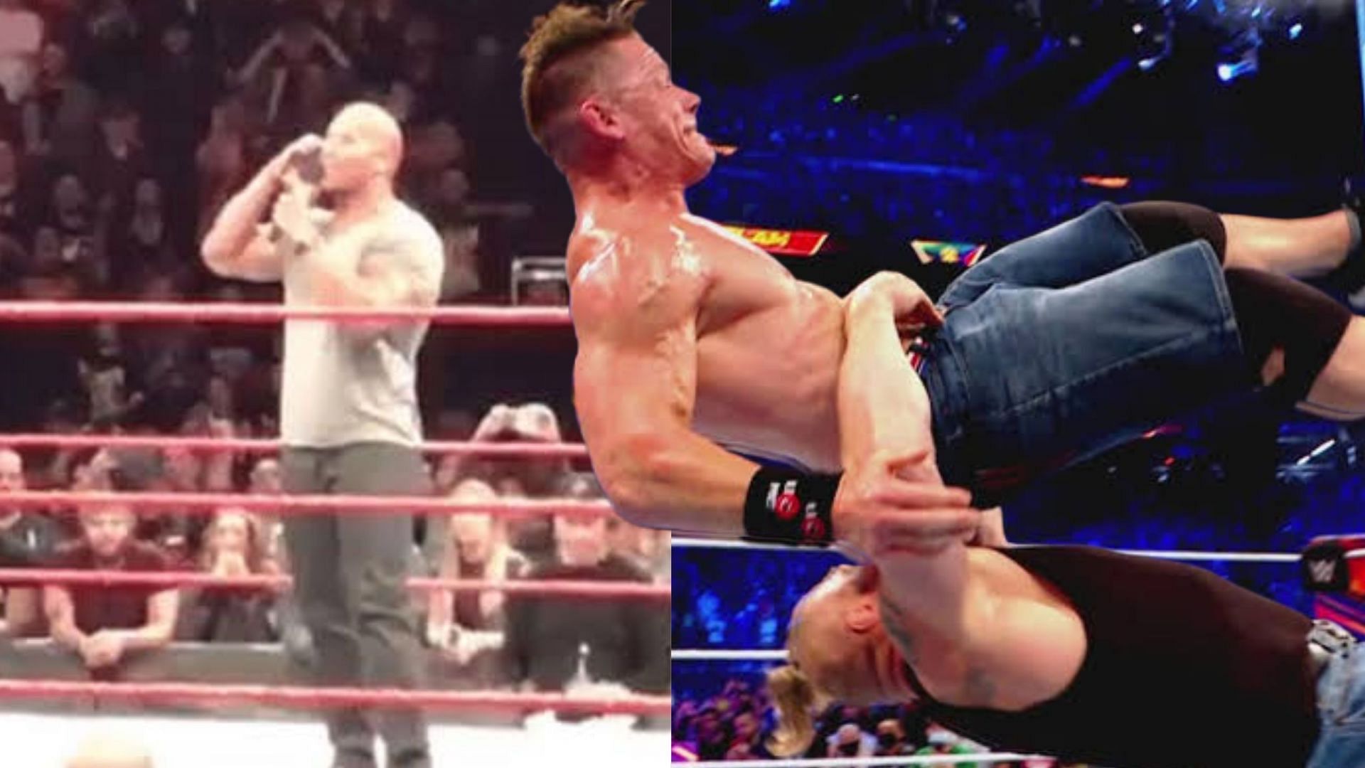 The Rock calling CM Punk (L); Brock Lesnar attacking John Cena (R).