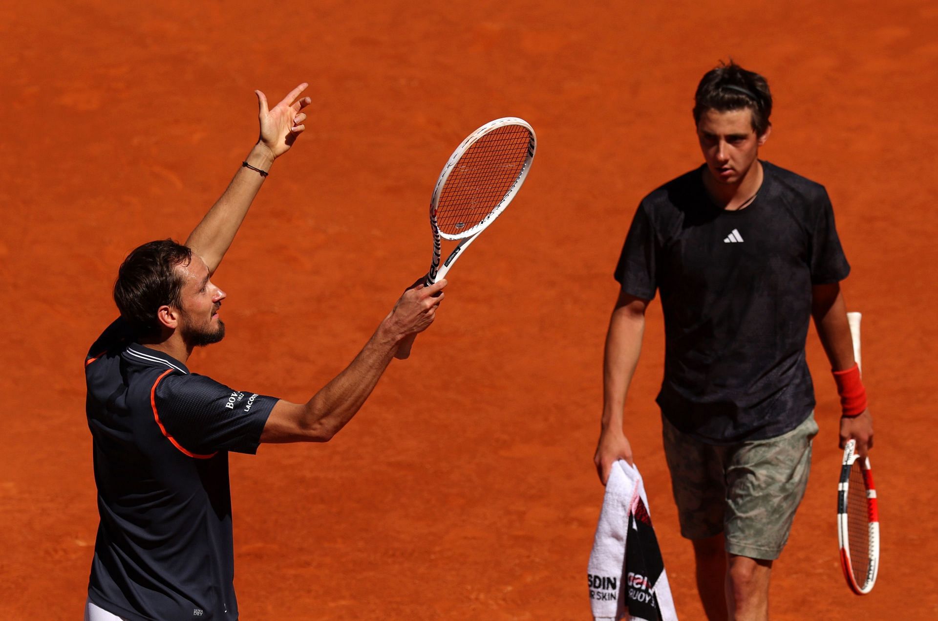 Daniil Medvedev reacts to losing opening set to Alexander Shevchanko at the 2023 Madrid Open