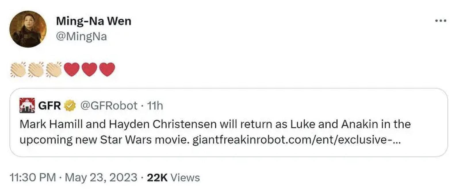 Ming-Na Wen sends her congratulations to Mark Hamill amidst rumors of his return as Luke Skywalker in the highly-anticipated 2025 Star Wars film (Image via Ming-Na Wen&#039;s Twitter)