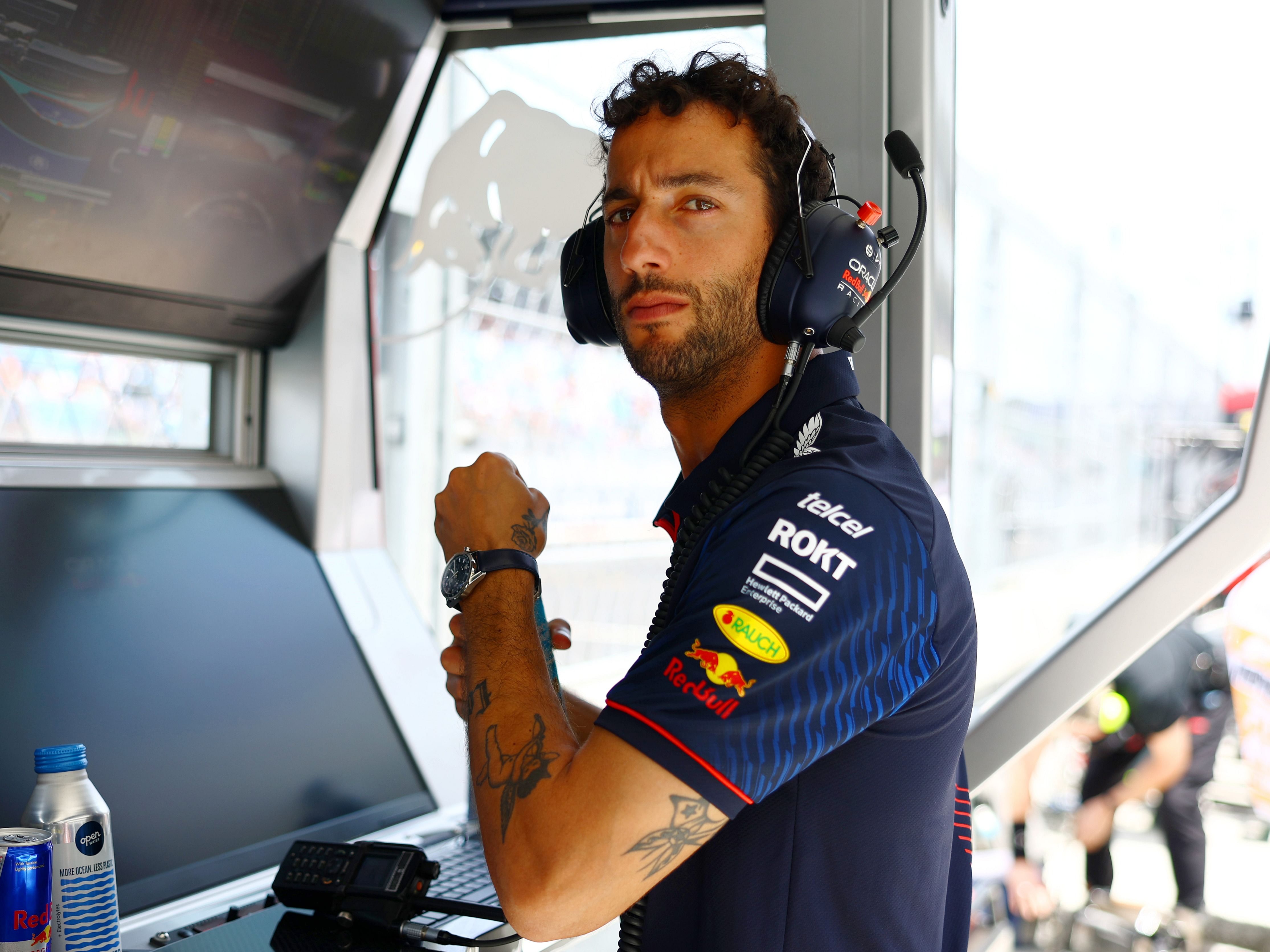 Daniel Ricciardo looks on from the pitwall during practice ahead of the 2023 F1 Miami Grand Prix. (Photo by Mark Thompson/Getty Images)