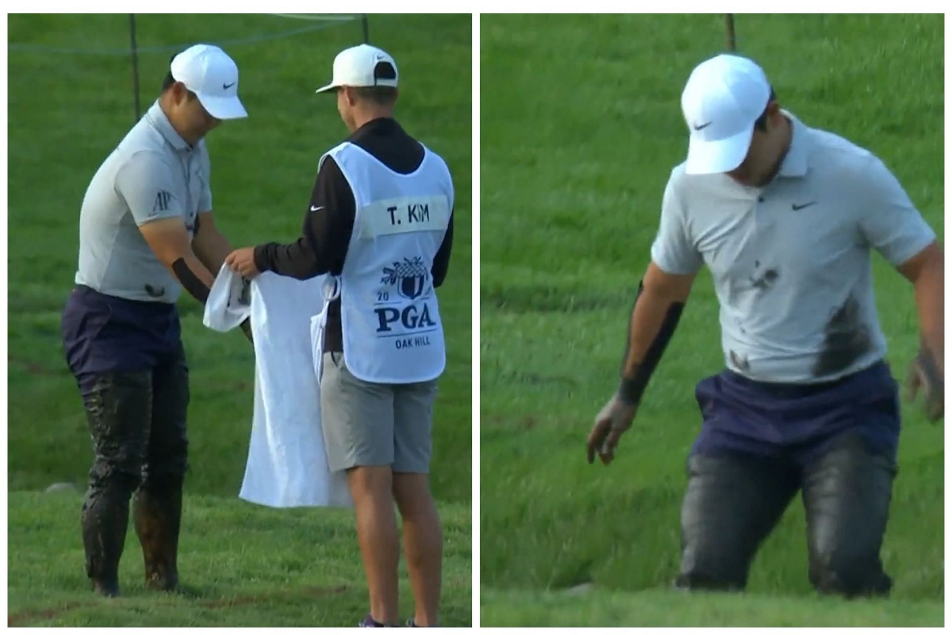 Tom Kim got into the mud to fin his ball at the 2023 PGA Championship