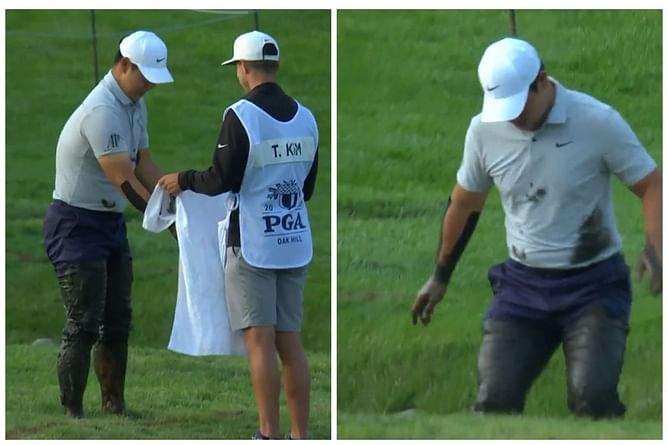 Watch: Tom Kim goes dirty taking a mud bath at the 2023 PGA Championship