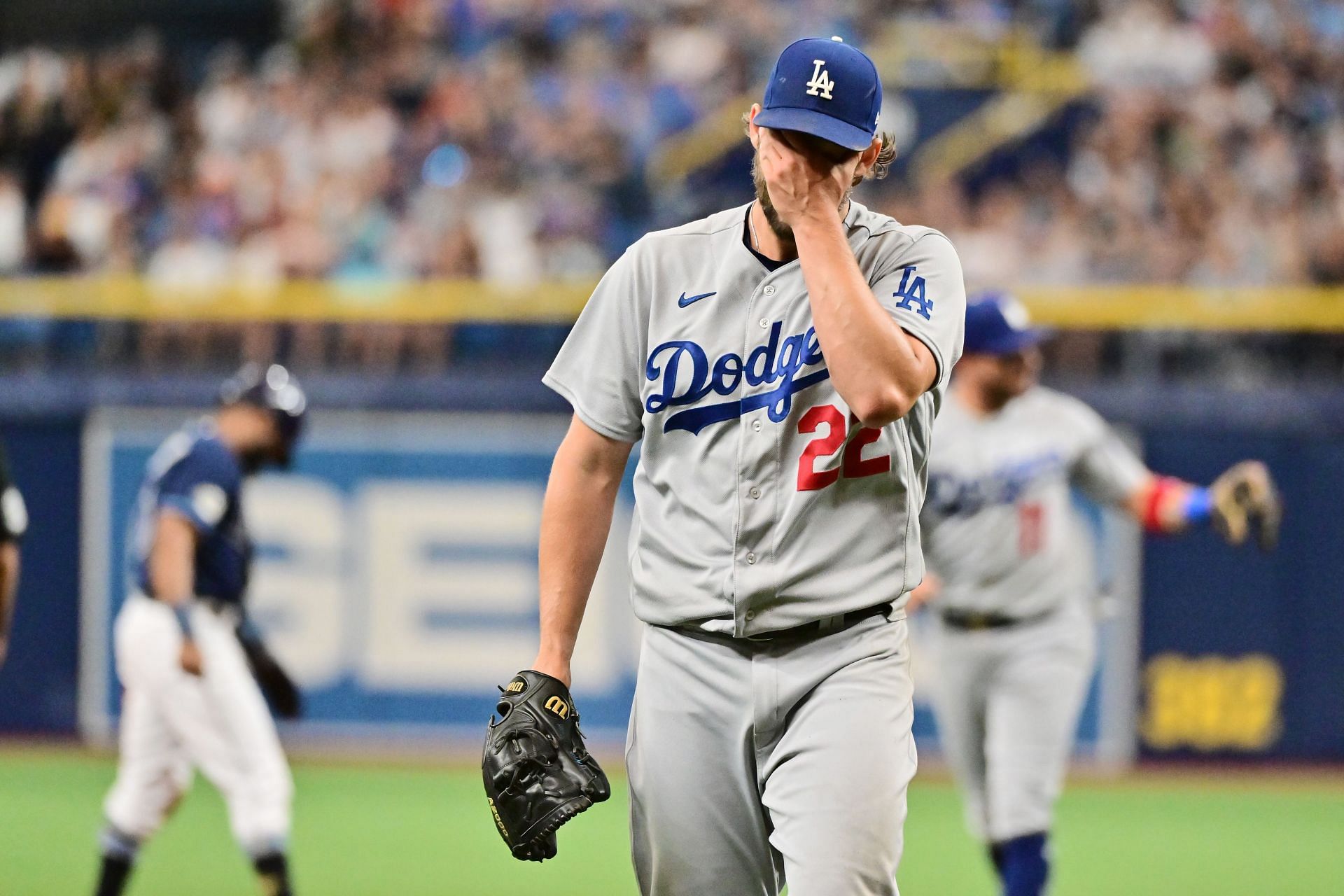 Clayton Kershaw of the Los Angeles Dodgers reacts against the Tampa Bay Rays at Tropicana Field