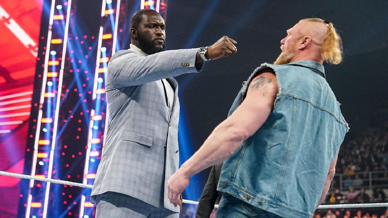 Omos confronting Brock Lesnar on RAW