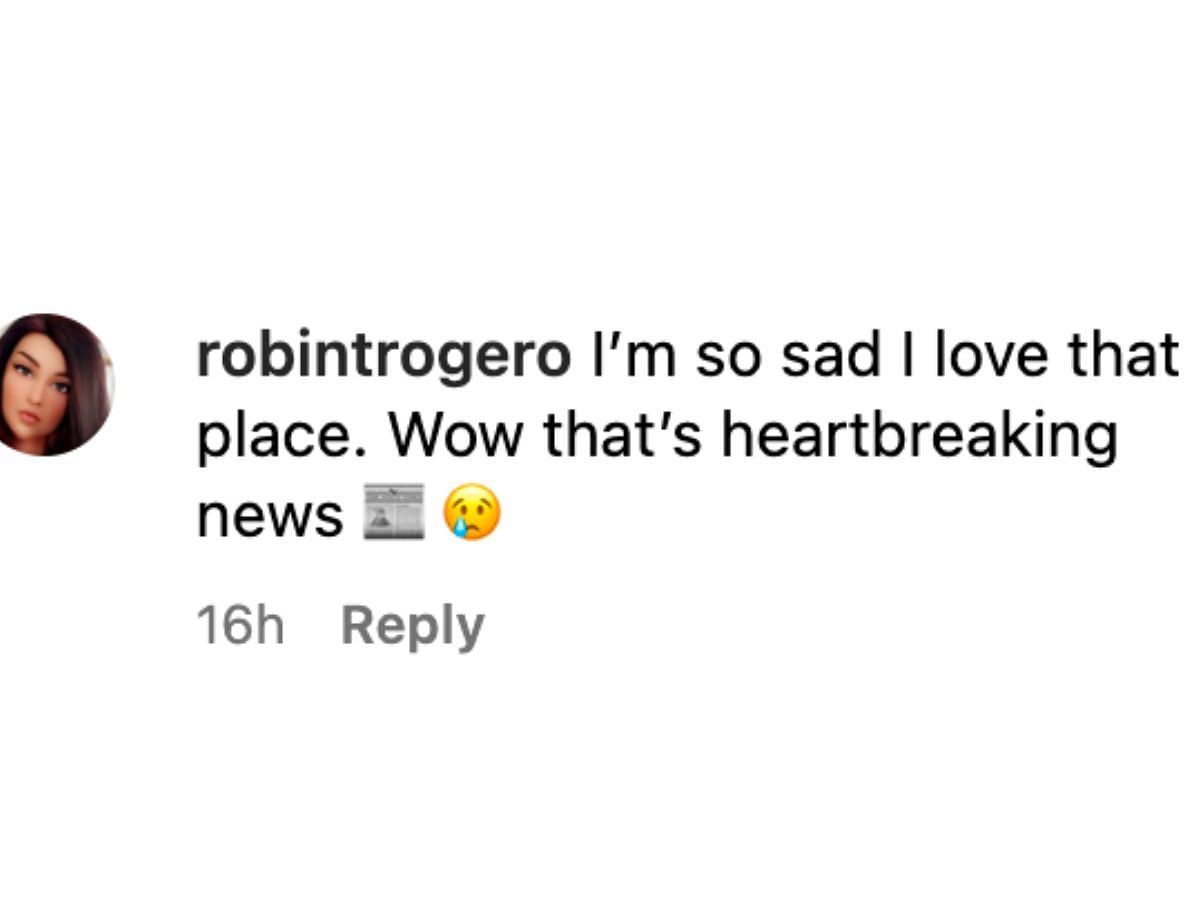 Instagram user heartbroken with Pump Restaurant&#039;s news (Image via Instagram)