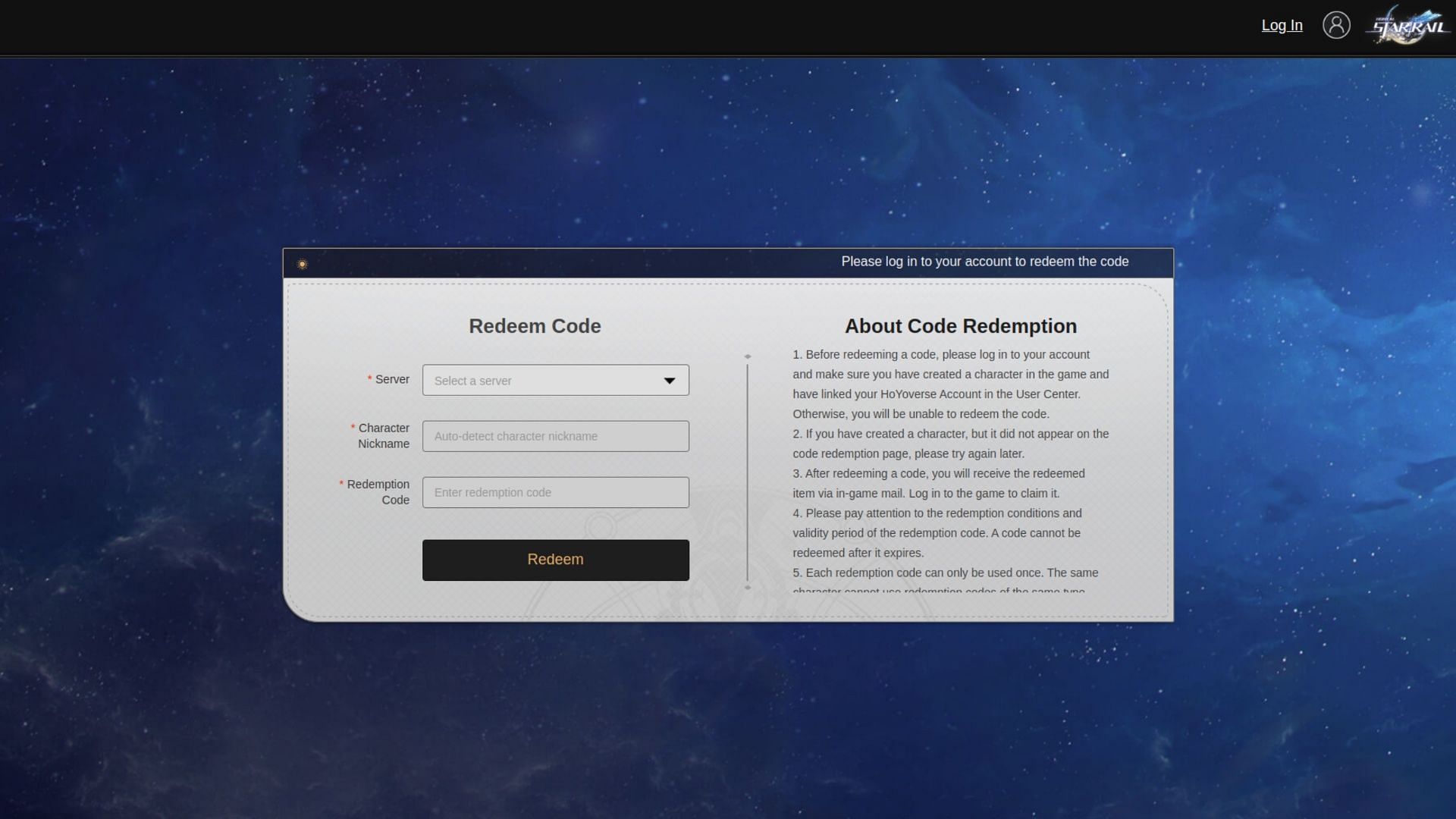 Redeeming codes via the external website (Image via HoYoverse)