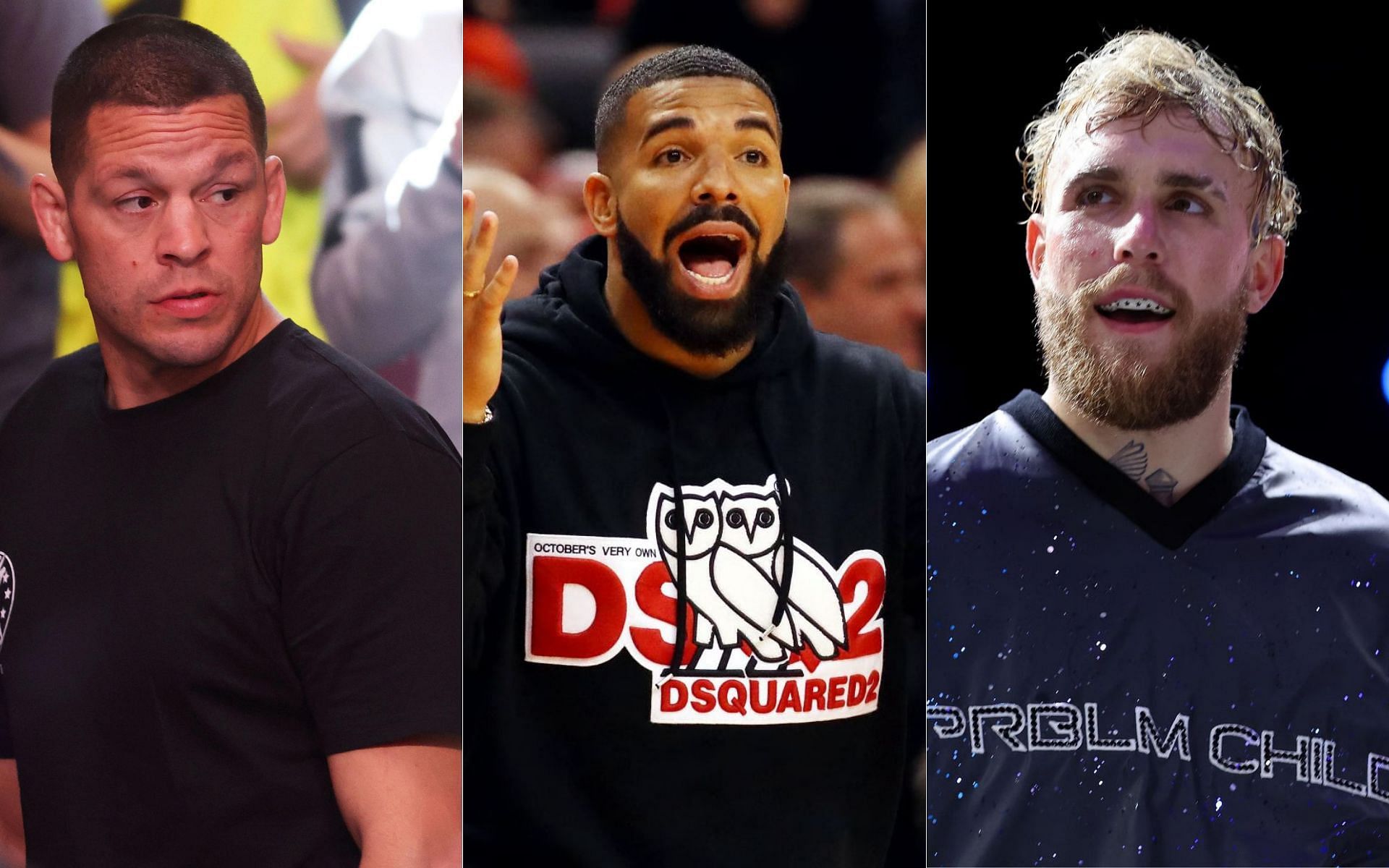 Nate Diaz (left), Drake (middle) and Jake Paul (right)