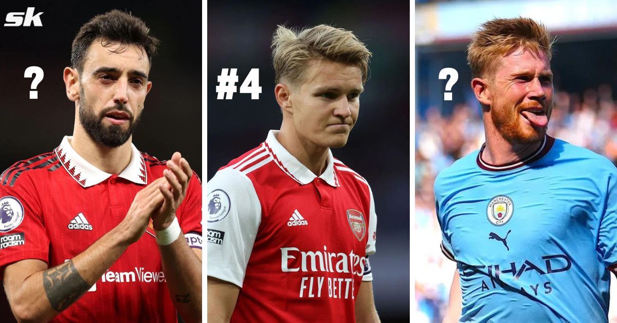 Bruno Fernandes (left), Martin Odegaard (center) and Kevin De Bruyne (right)