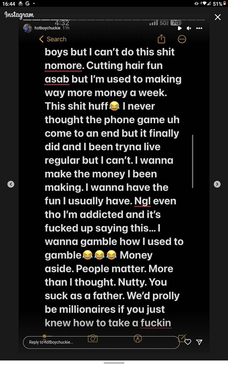 purplereignera&#039;s Instagram story written before his death (via Instagram)