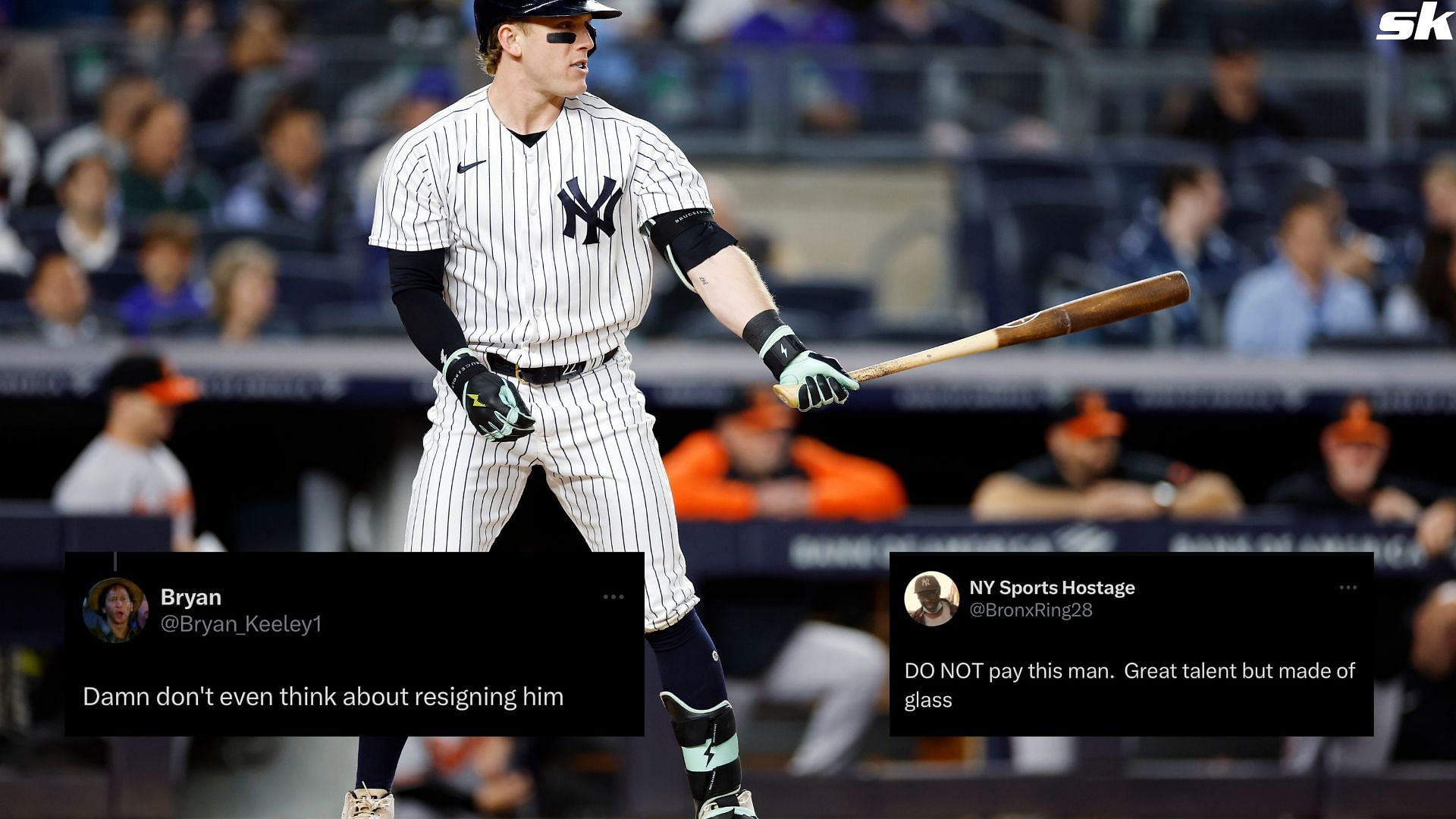 Harrison Bader of the New York Yankees looks on at bat against the Baltimore Orioles