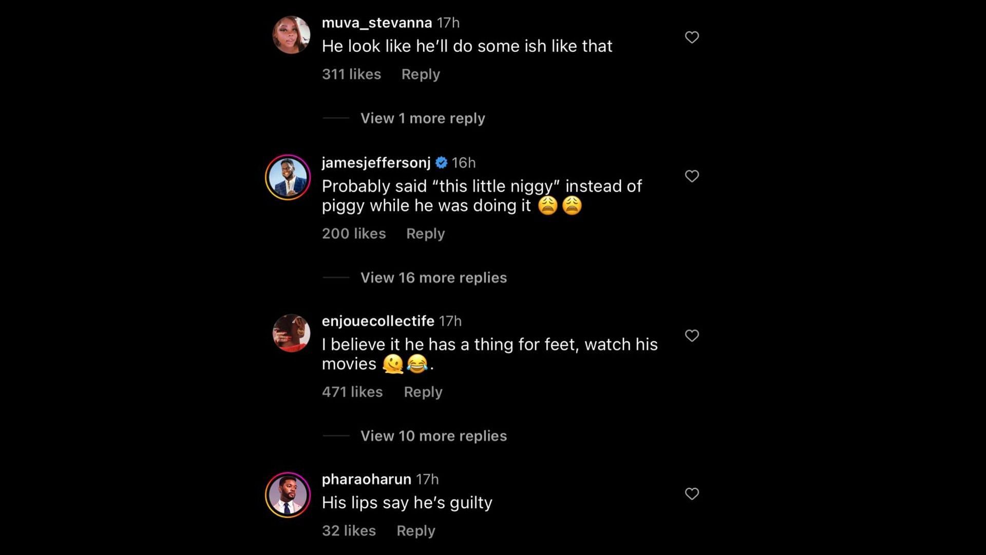 Screenshot of internet users remarking on Tarantino&#039;s alleged foot fetish story. (Image via The Neighborhood Talk/Instagram)