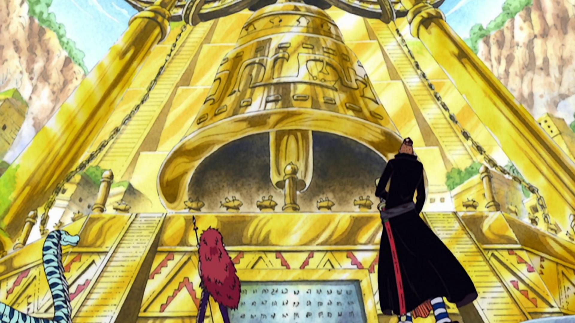 Kalgara and Noland in front of the Golden Bell of Shandora (Image via Toei Animation, One Piece)