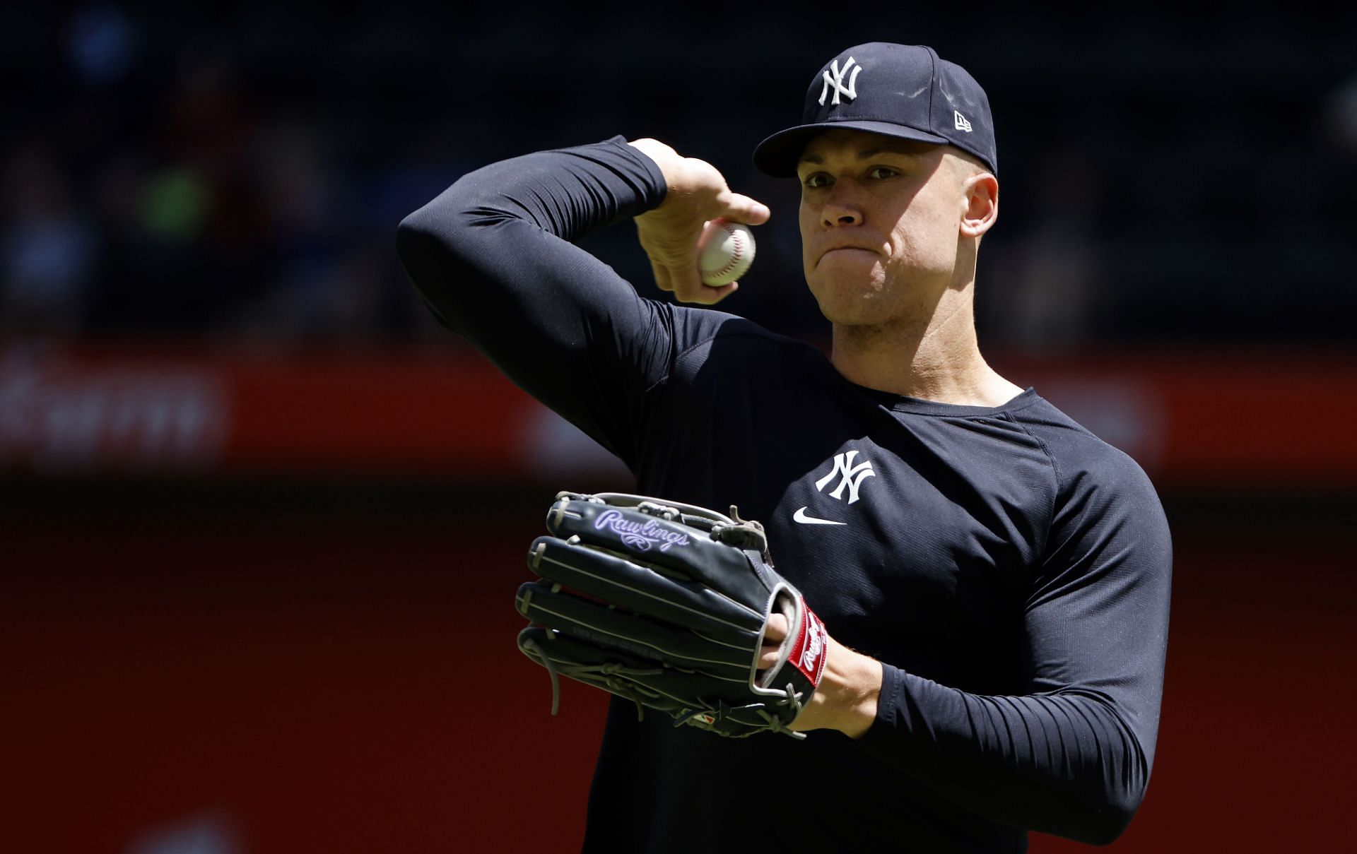 Aaron Judge #99 of the New York Yankees throws before the game against the Texas Rangers