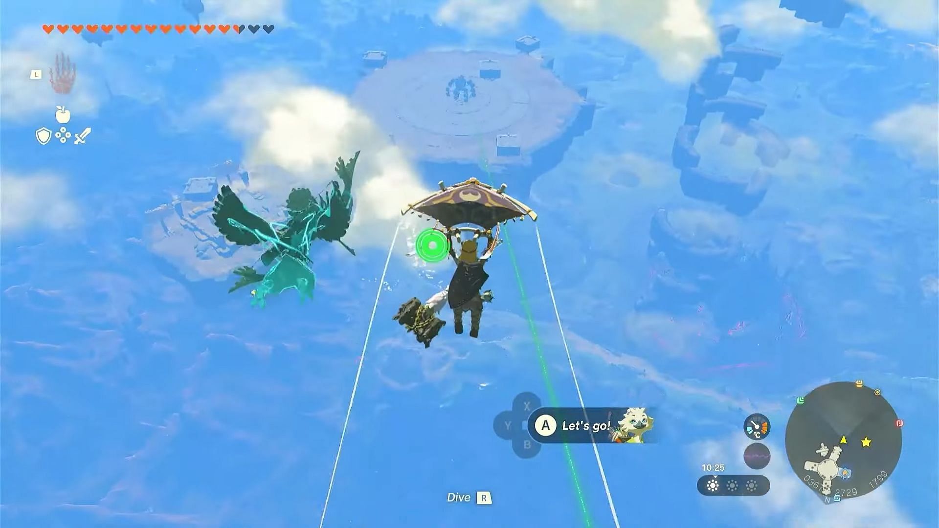 Follow the green line to the giant floating island below (Image via Nintendo)