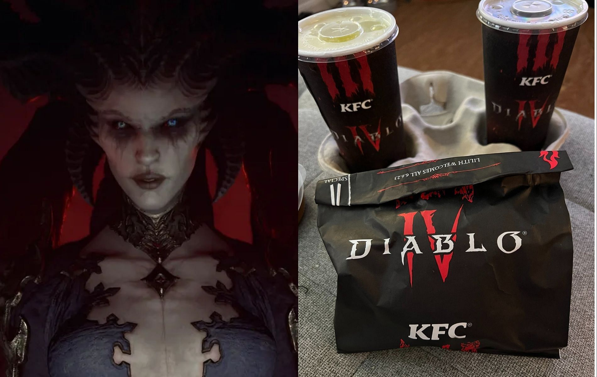 Obtaining Diablo 4 cosmetics via KFC (Images via Blizzard and KFC)
