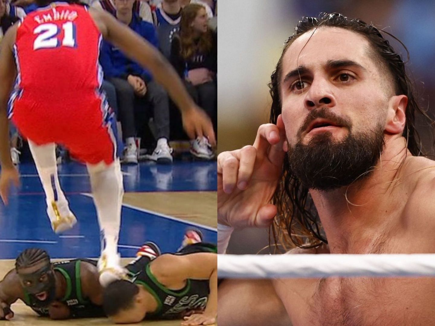 Joel Embiid of the Philadelphia 76ers and WWE superstar Seth Rollins