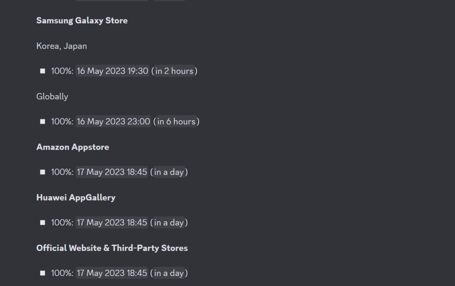 Update schedule for other stores (Image via Discord/PUBG Mobile)