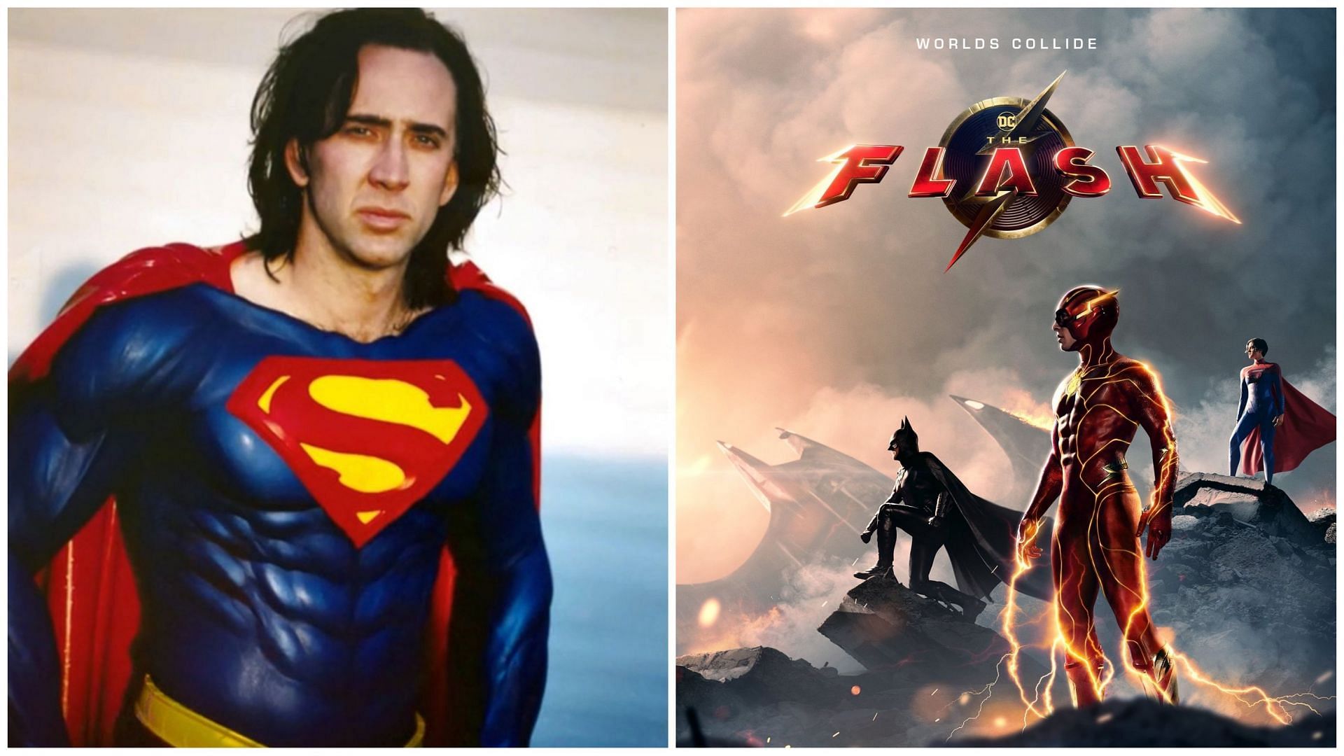 Nicolas Cage as Superman and The Flash poster (Images via @sambluemanning/Twitter and Warner Bros Pictures)
