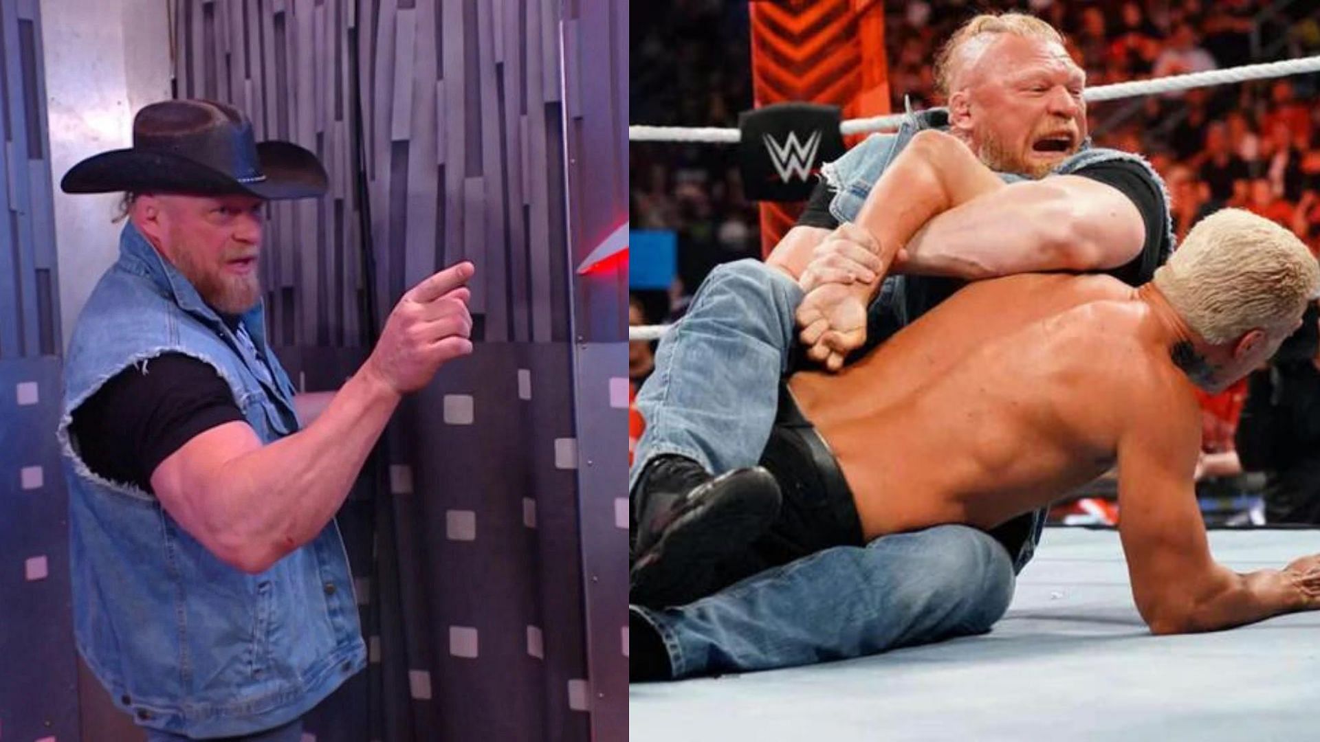 WWE superstar Brock Lesnar attacking Cody Rhodes