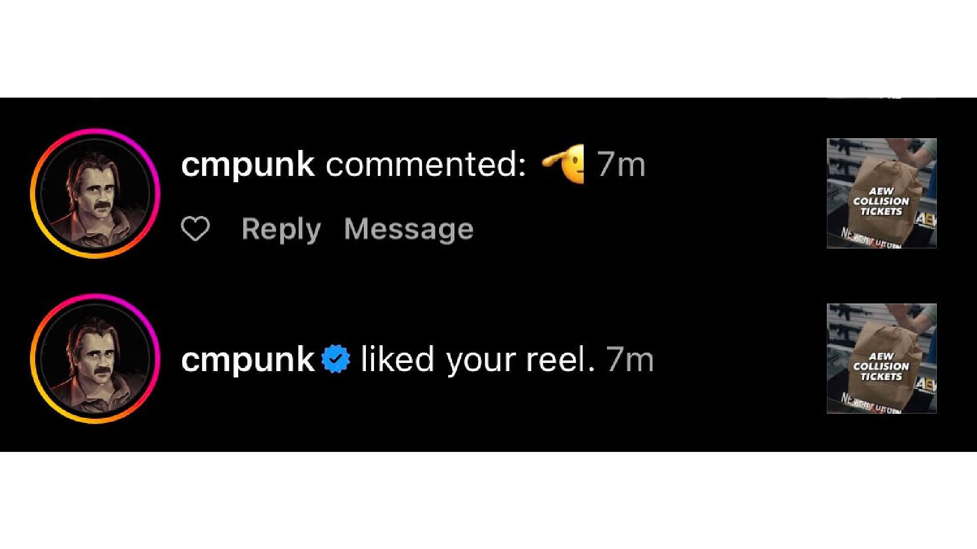 CM Punk liked and commented on a fan's post