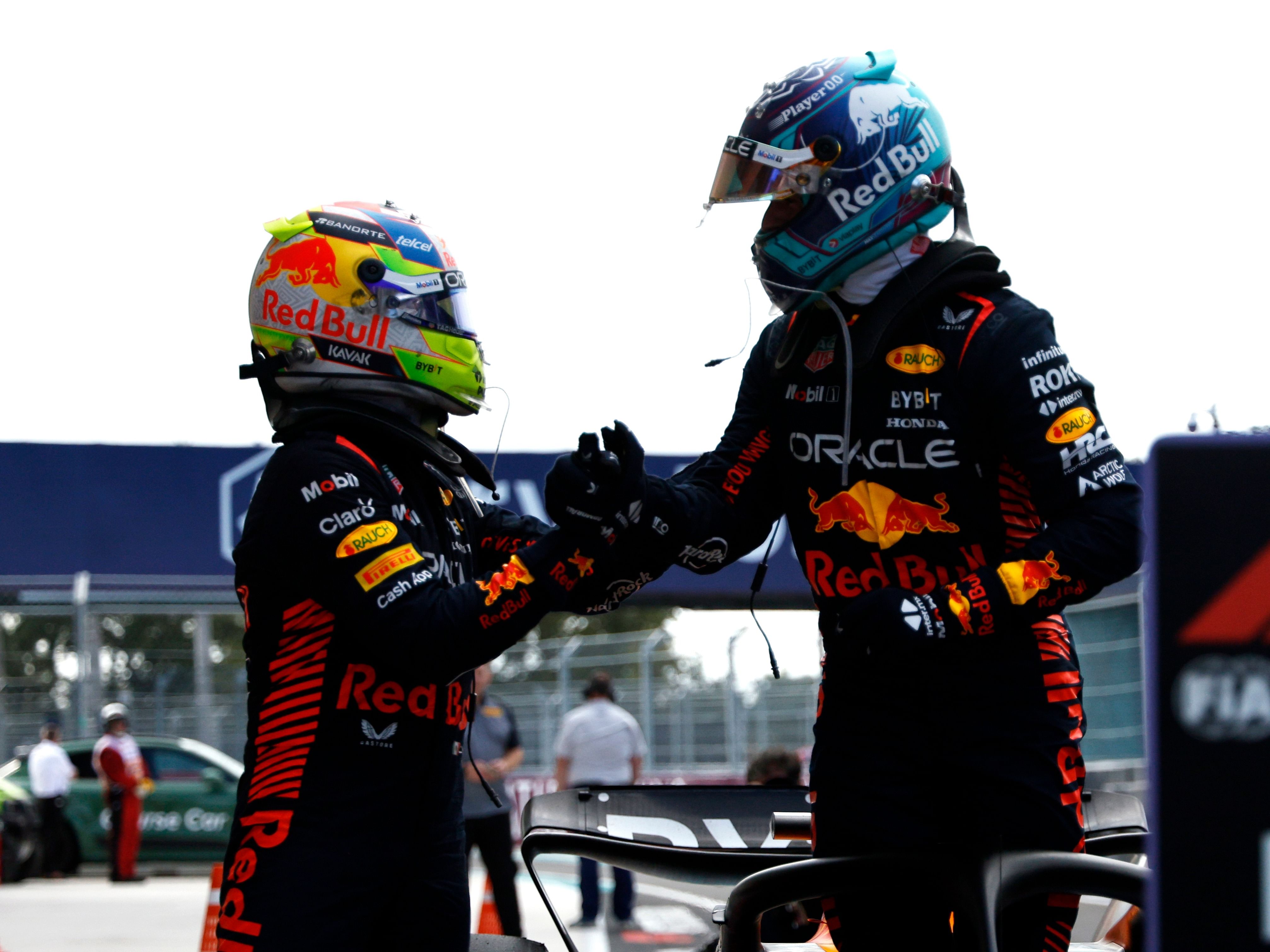 Race winner Max Verstappen and second placed Sergio Perez celebrate in parc ferme during the 2023 F1 Miami Grand Prix. (Photo by Chris Graythen/Getty Images)
