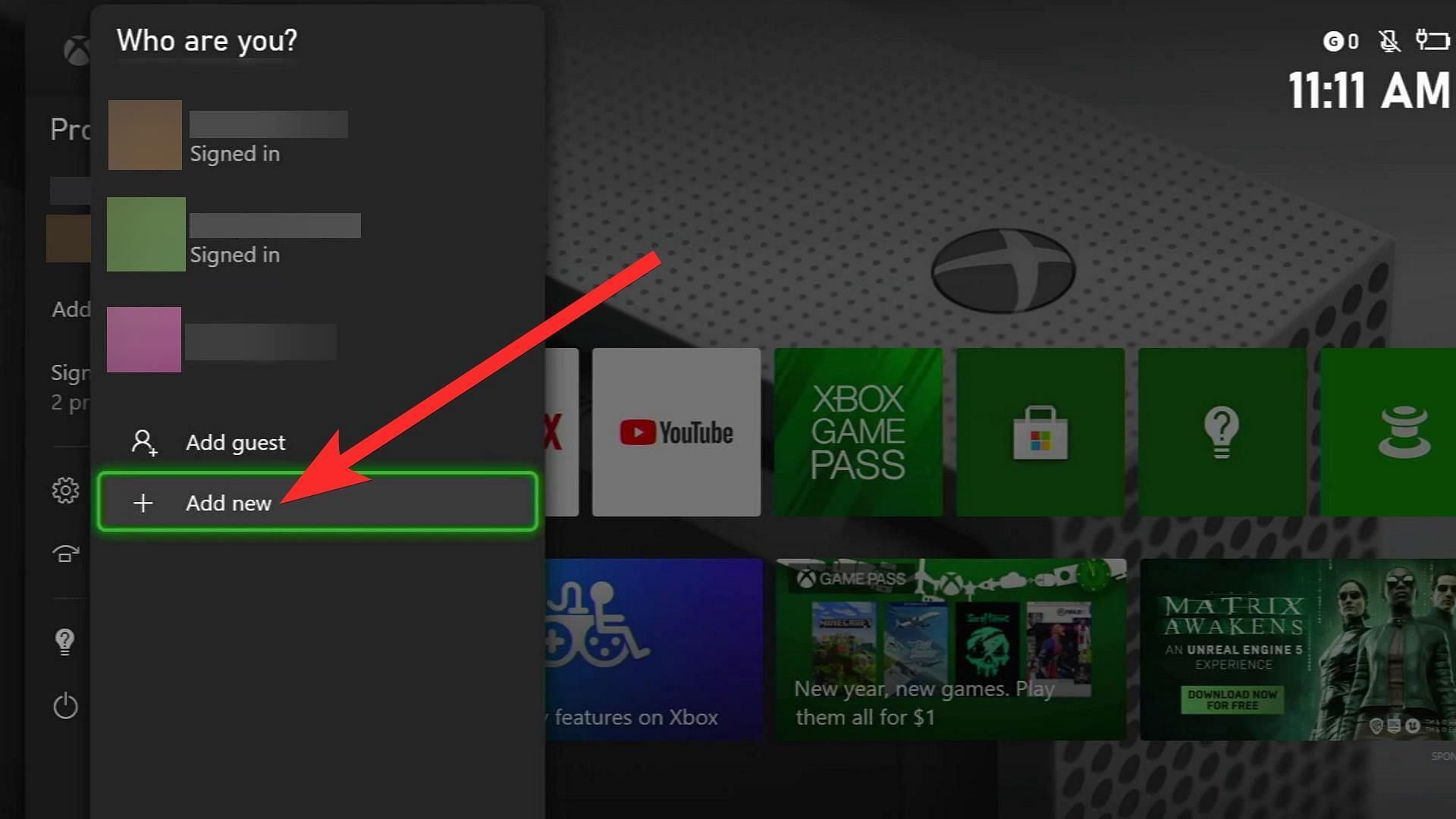 Select &quot;Add new&quot; and add your friend&#039;s Xbox account to your console (Image via Xbox)