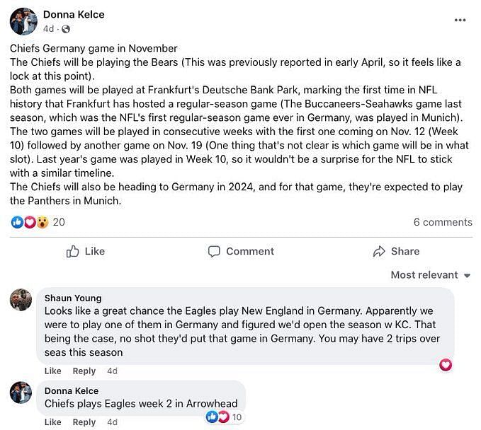 Travis and Jason Kelce's mom Donna accidentally leaks NFL schedule on  Facebook ahead of announcement