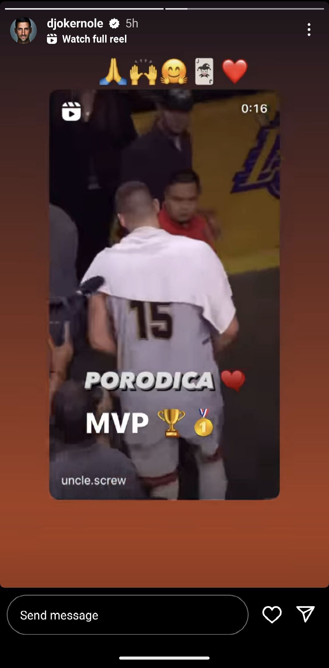 Instagram story posted by Novak Djokovic for his compatriot Nikola Jokic