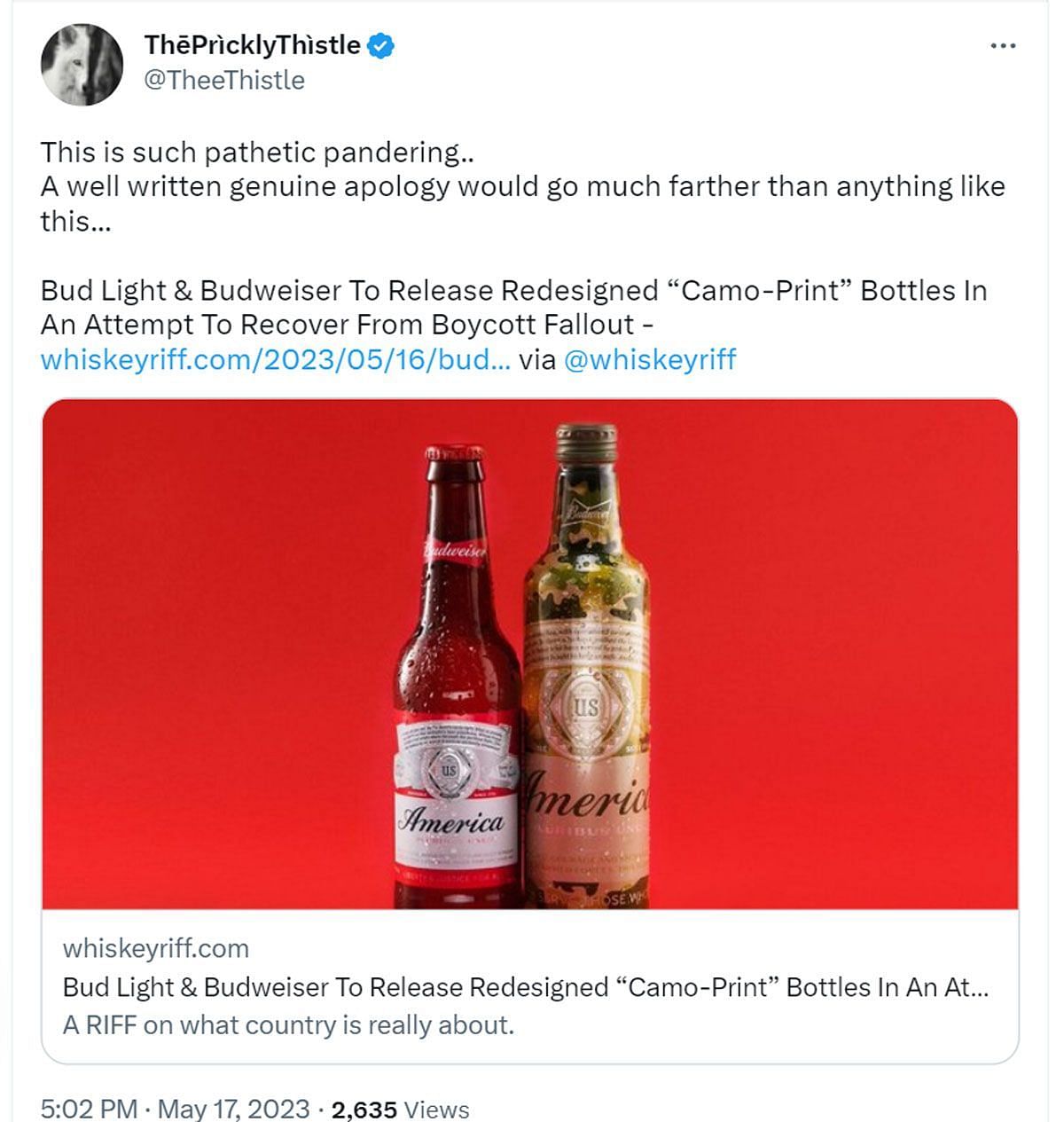 Budweiser's Camo Bottles Mocked After Bud Light Dylan Mulvaney Partnership