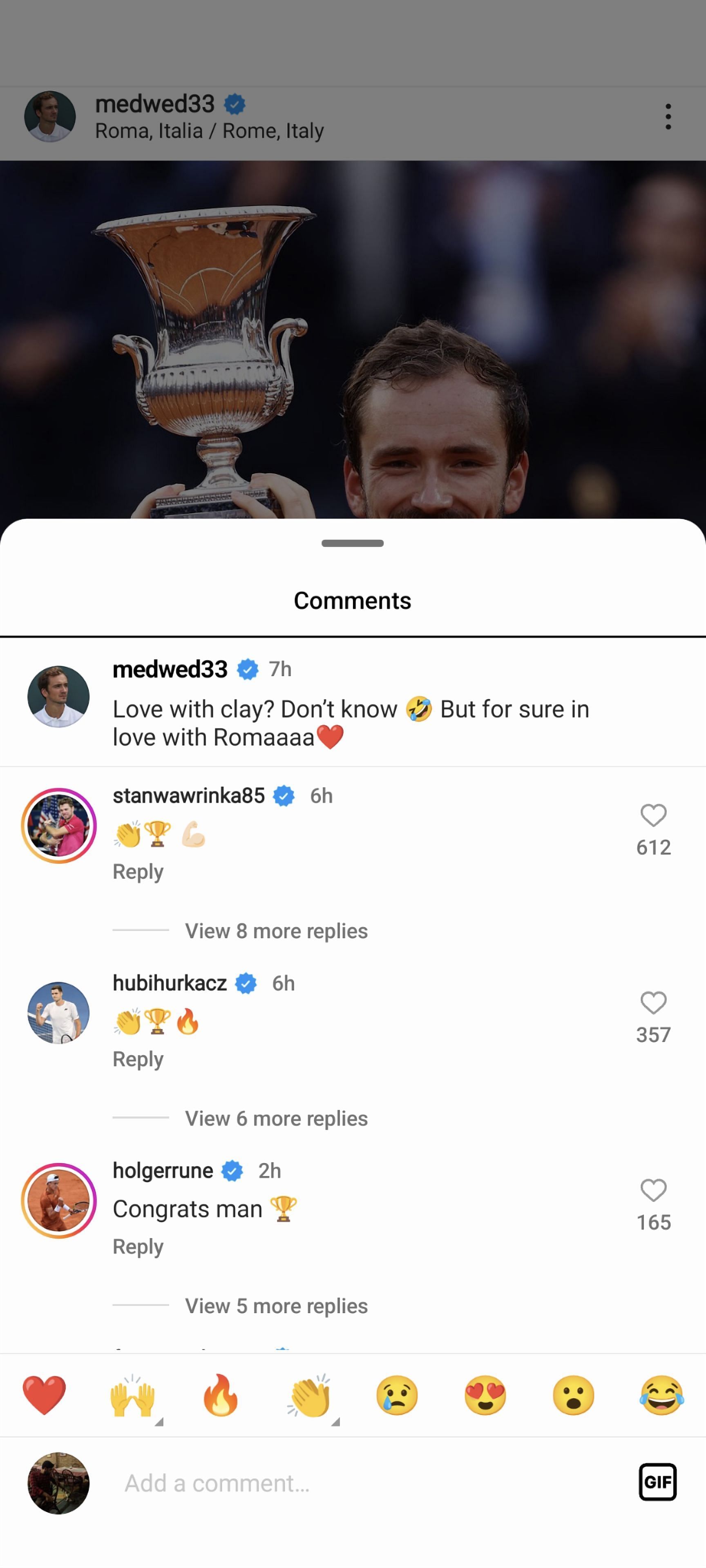Screen grab of players&#039; reactions to Daniil Medvedev&#039;s post