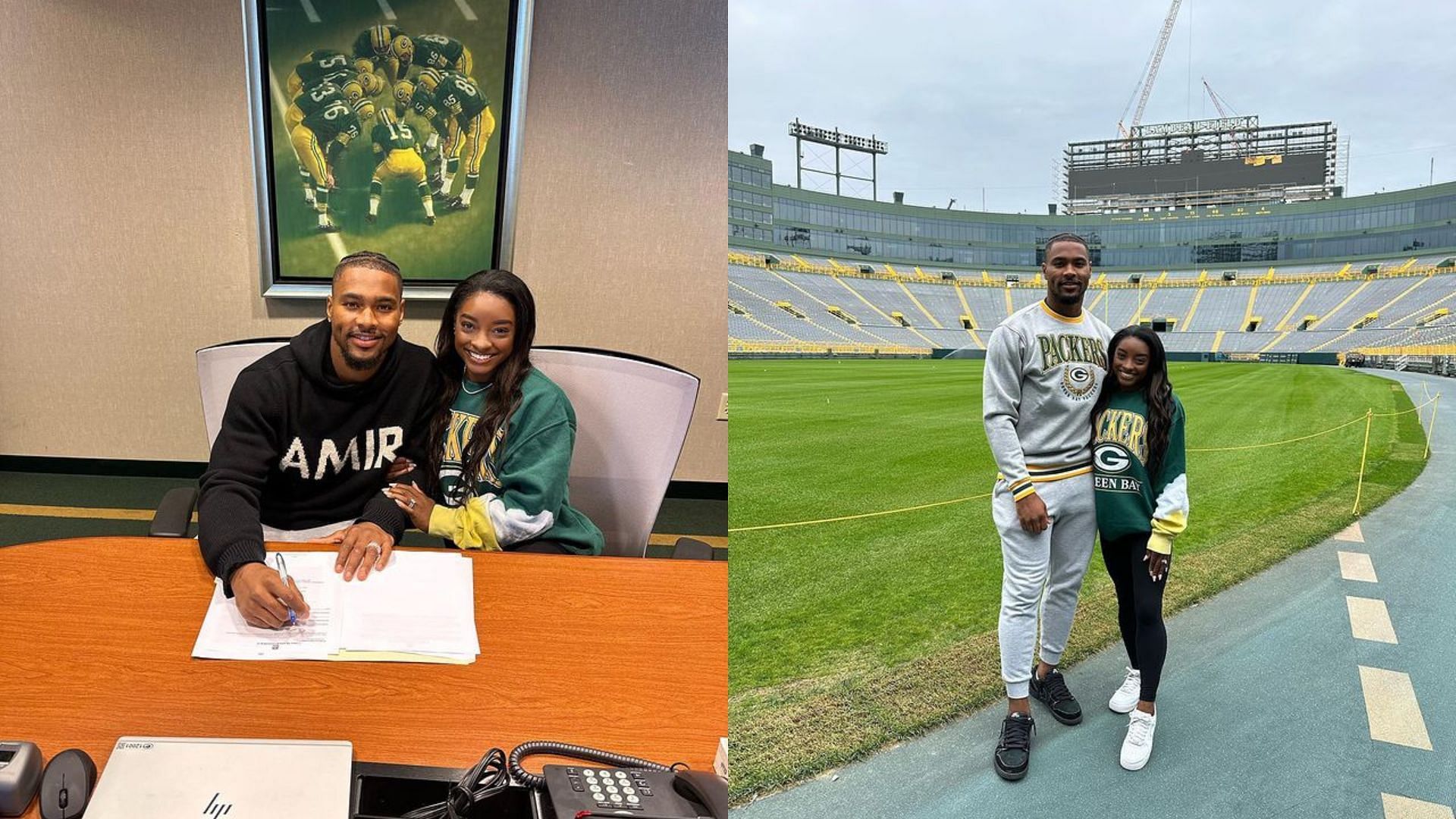 Simone Biles with Jonathan Owens as he signed for the Packers. Image credit: @simonebiles official IG