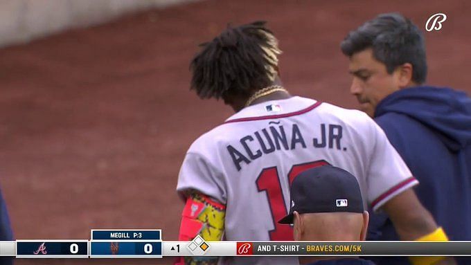 BREAKING: Ronald Acuña Jr leaves game after getting hit by pitch
