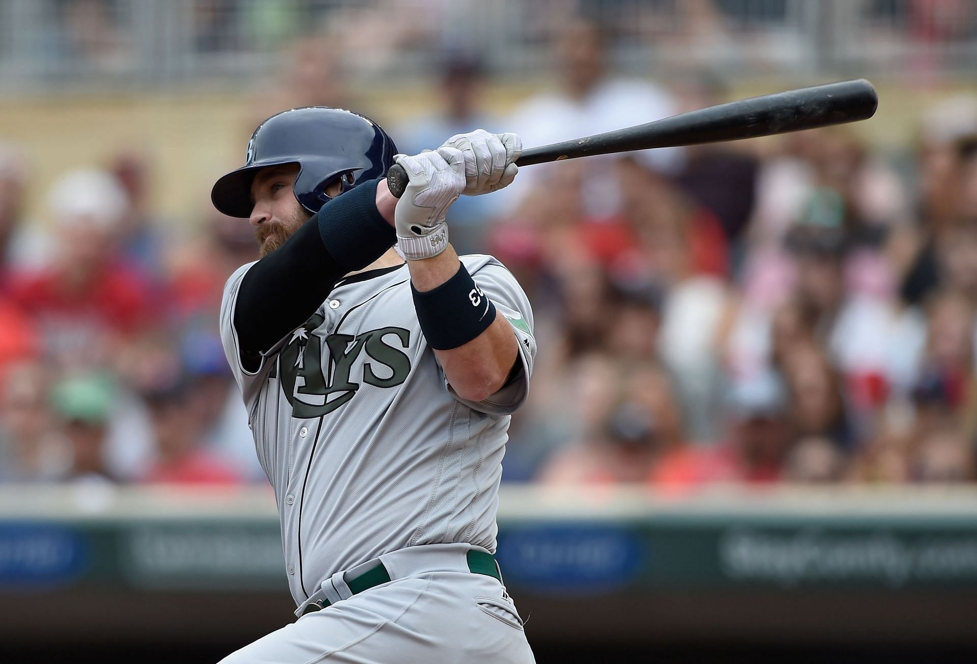 Tampa Bay Rays v Minnesota Twins: MINNEAPOLIS, MN - MAY 27: Derek Norris #33 of the Tampa Bay Rays hits an RBI single against the Minnesota Twins during the second inning of the game on May 27, 2017, at Target Field in Minneapolis, Minnesota. (Photo by Hannah Foslien/Getty Images)