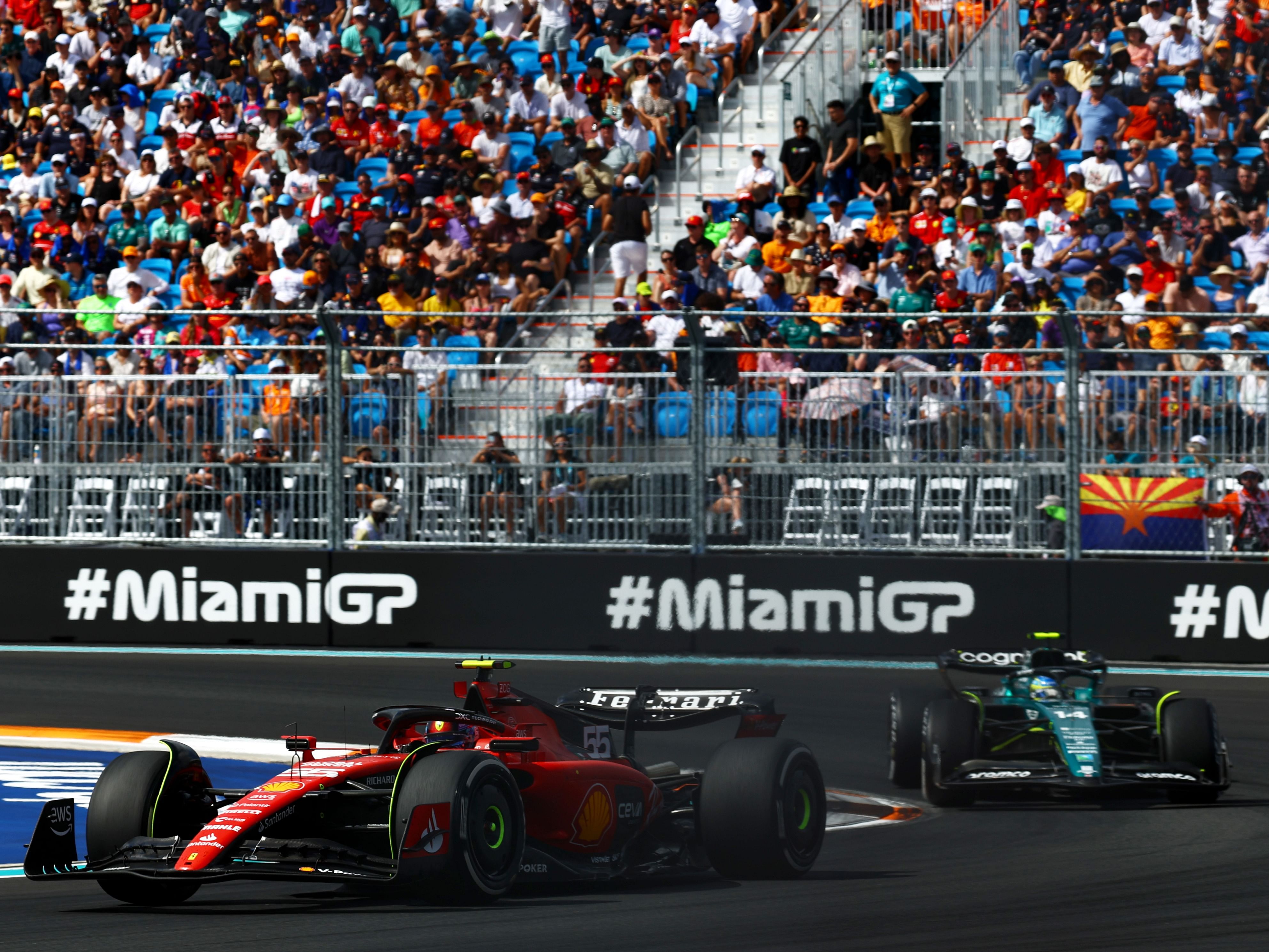 Carlos Sainz (55) leads Fernando Alonso (14) during the 2023 F1 Miami Grand Prix. (Photo by Mark Thompson/Getty Images)