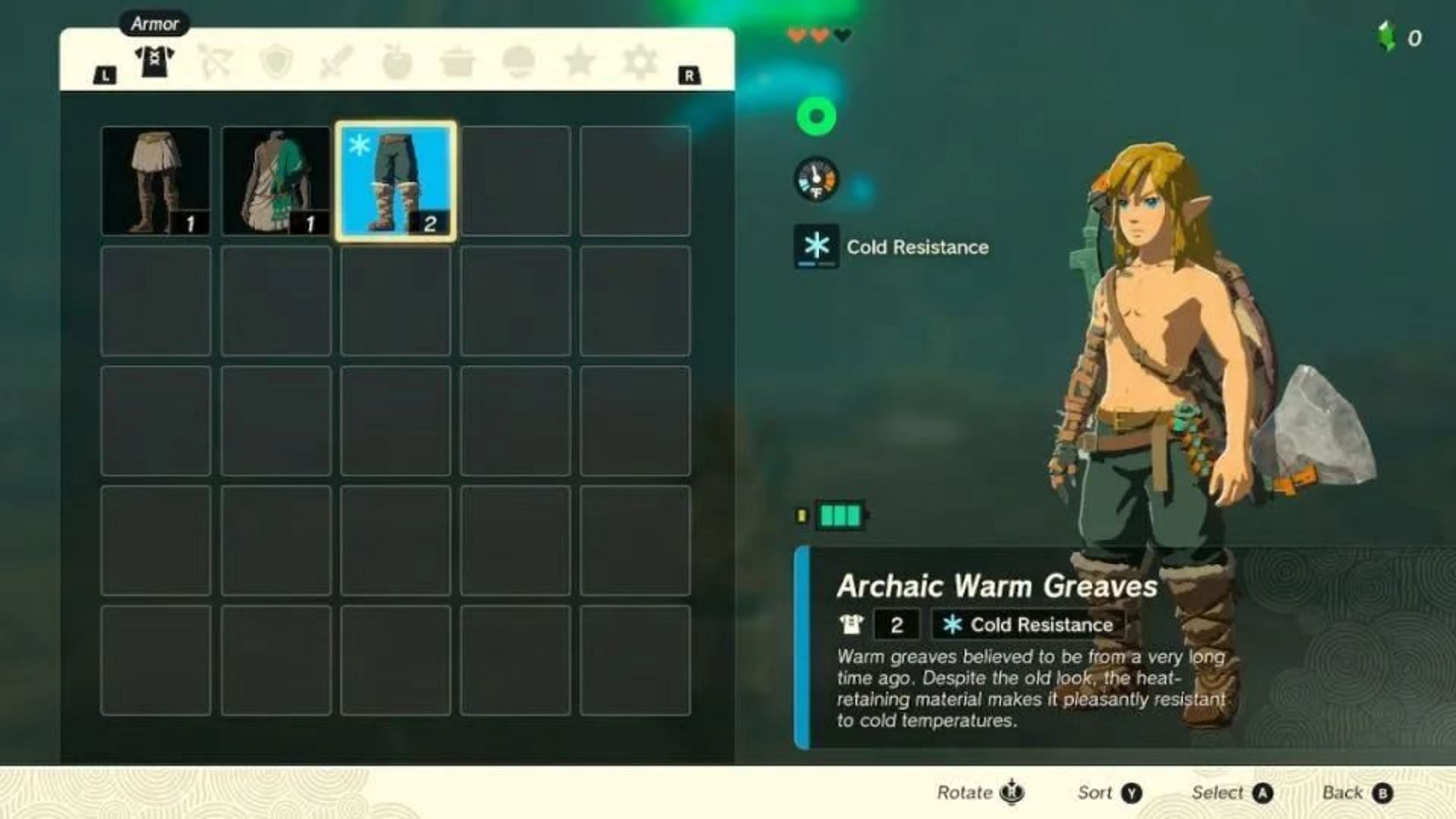 The Archaic Warm Greaves in the inventory (Image via Nintendo)