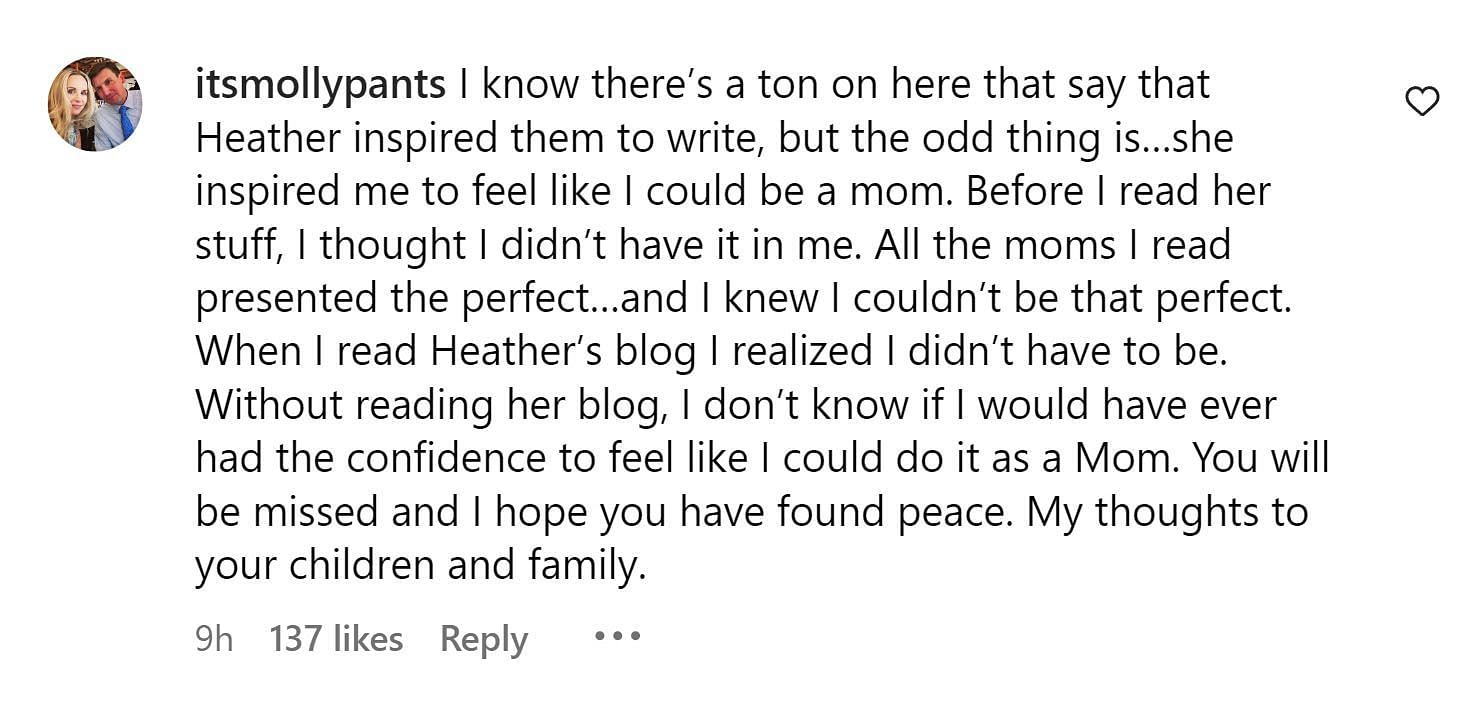 A comment paying tribute to Heather (Image via Instagram /@itsmollypants)