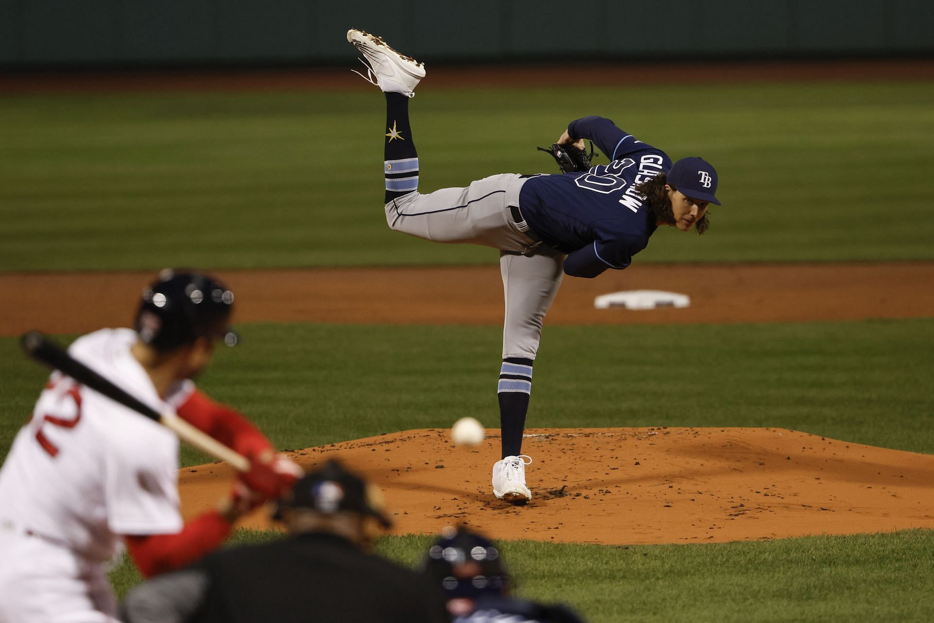 Tyler Glasnow #20 of the Tampa Bay Rays pitches against the Boston Red Sox