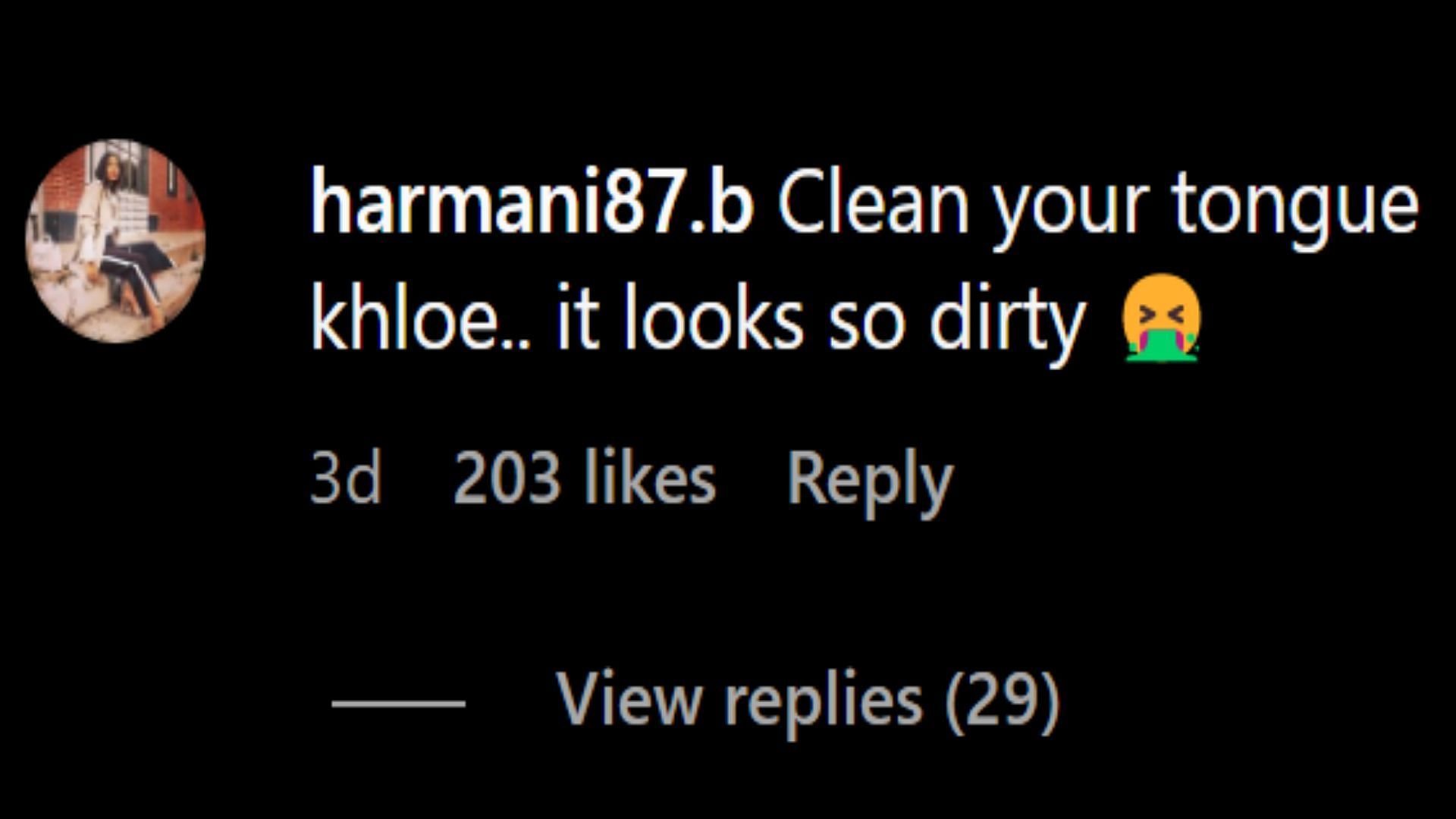 A social media user criticizing Khloe for her oral hygiene (Image via Instagram / @khloekardashian)