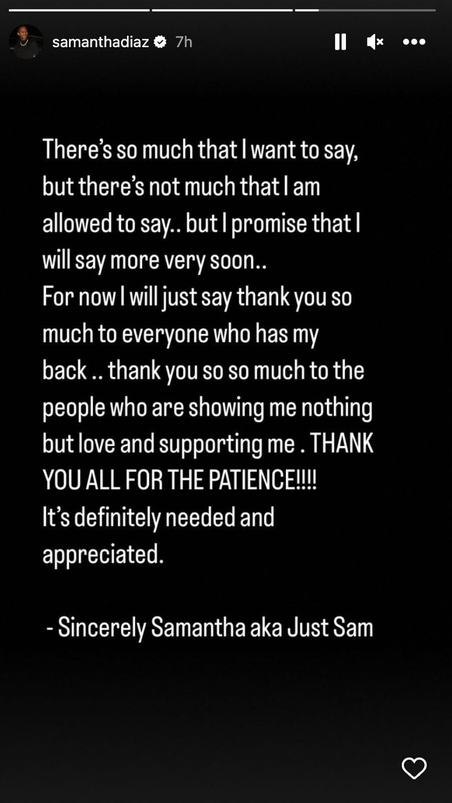 Just Sam thanks fans for their support (Image via Instagram/@samanthadiaz)