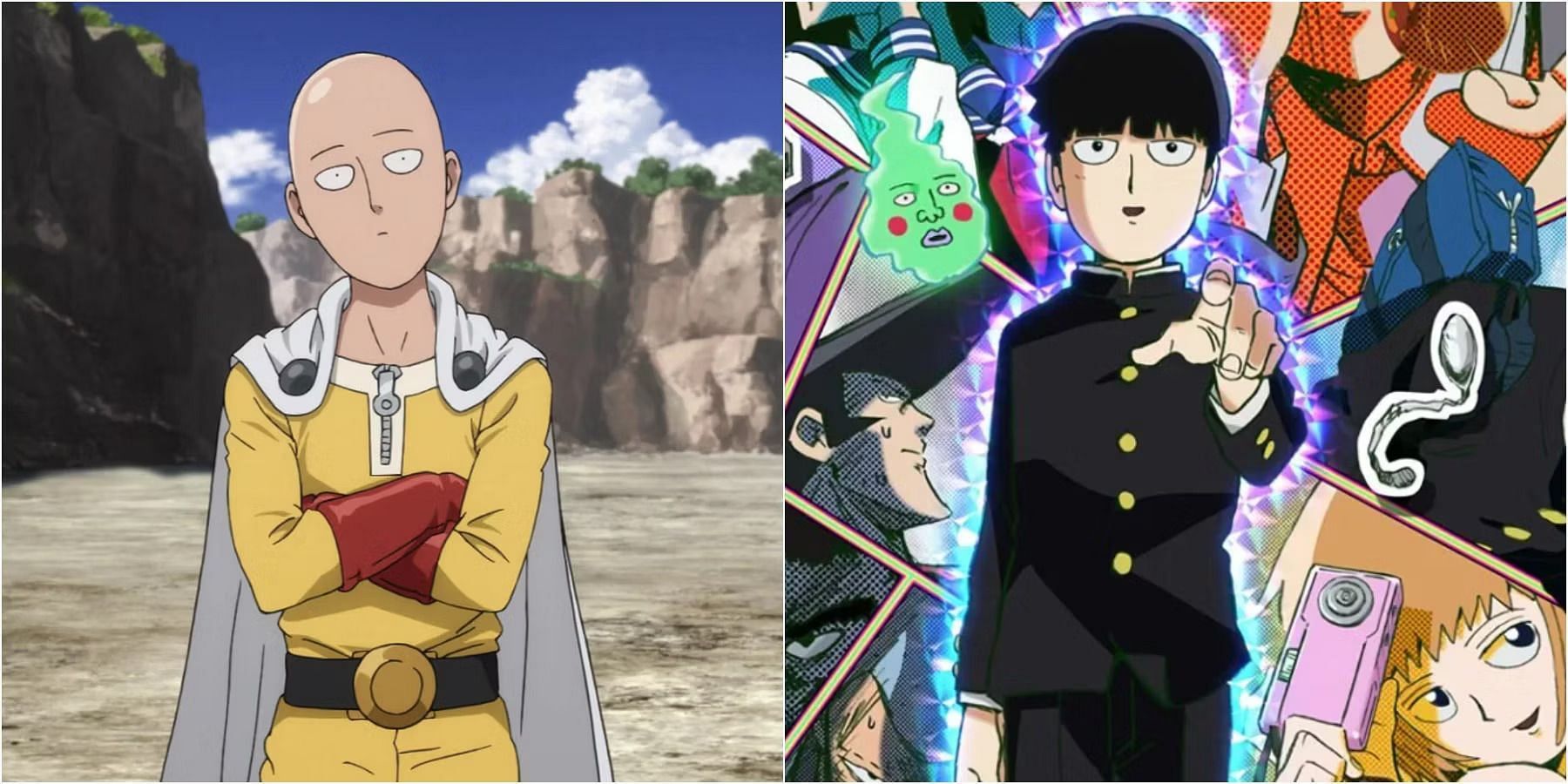 One Punch Man and Mob Psycho 100 are known for their satire of classic anime tropes (Image via Bones and Madhouse).